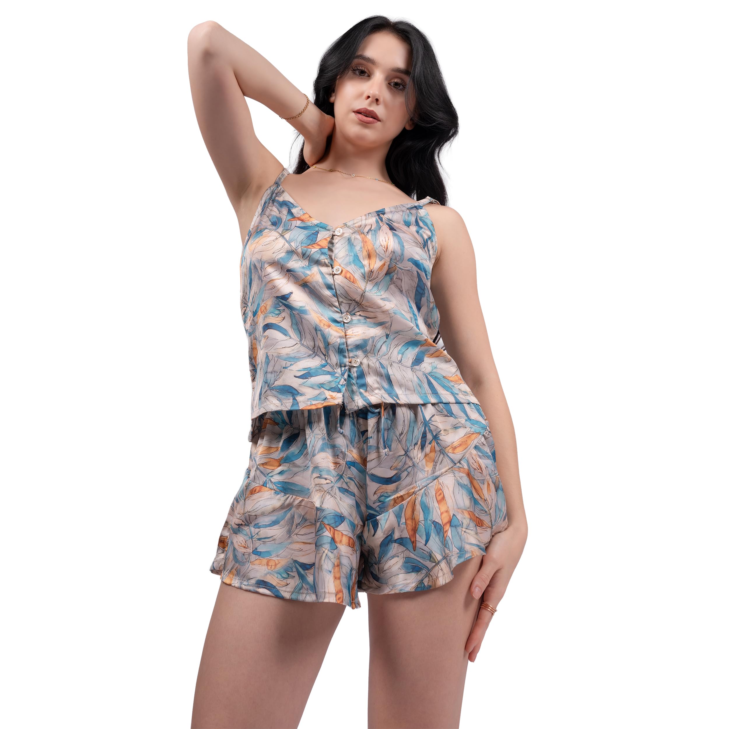 White Tropical Printed Night Suit for Women | Satin Fabric | V Neckline with Sleeveless Design | Relaxed Fit Co ord Set for Women Stylish | Pack of 1-image-40