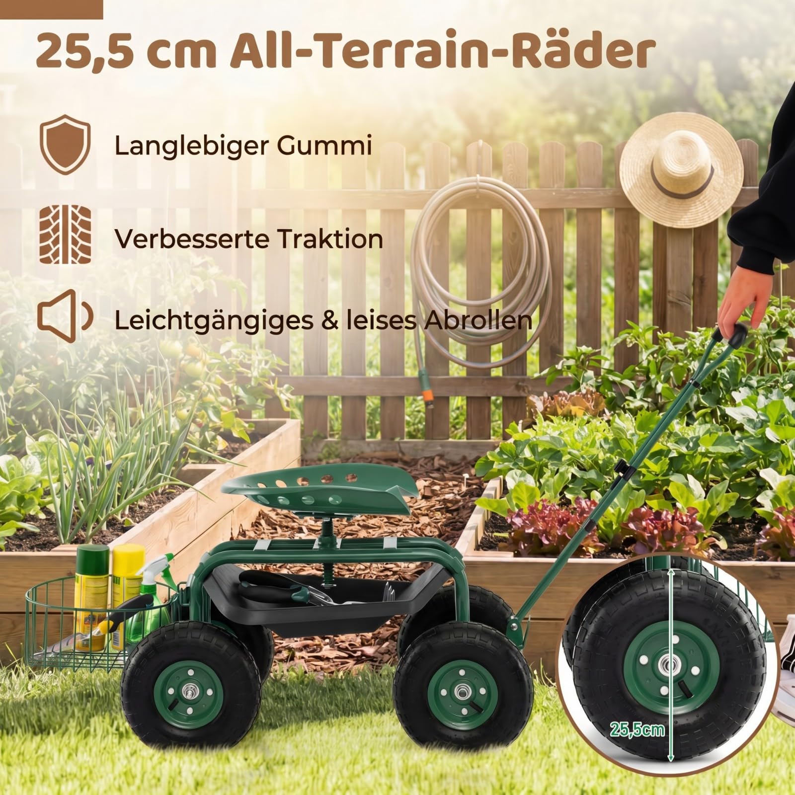 GYMAX Gartenhocker mit Rollen, Gartenwagen mit Verstellbarer Sitzhöhe, ausziehbarem Griff & Aufbewahrungskorb, Rollsitz für Gartenarbeit, Arbeitssitz Gartensitz Grün