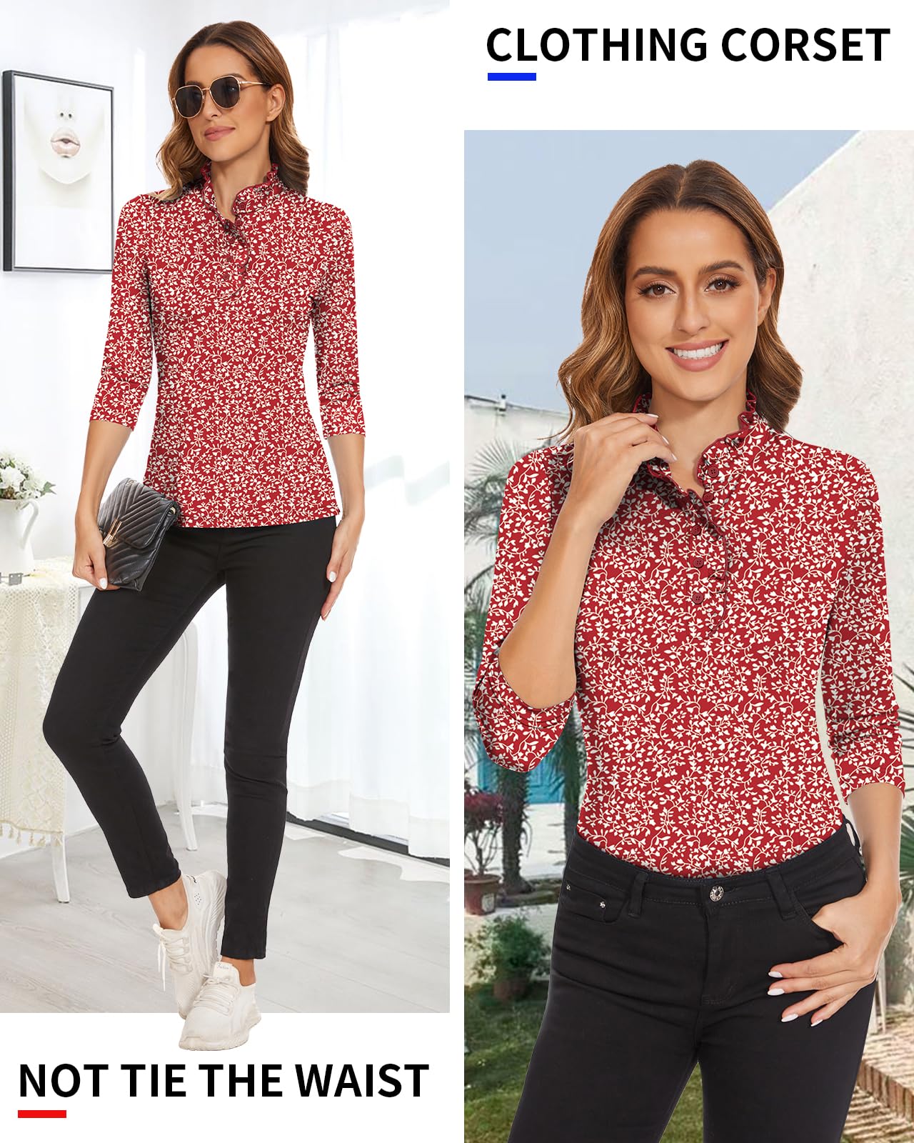 Soneven Camicetta da donna, elegante, maniche a 3/4, da golf, da donna, a maniche lunghe, da ufficio, con volant