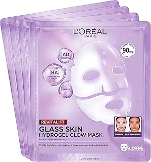 L'Oréal Paris Glass Skin Hydrogel 4er Maskenbox, für aufgepolsterte & glowy Haut, feuchtigkeitsspendend & glättend, [mit Hyaluronsäure], Revitalift Filler, Vorteilsset, 100g
