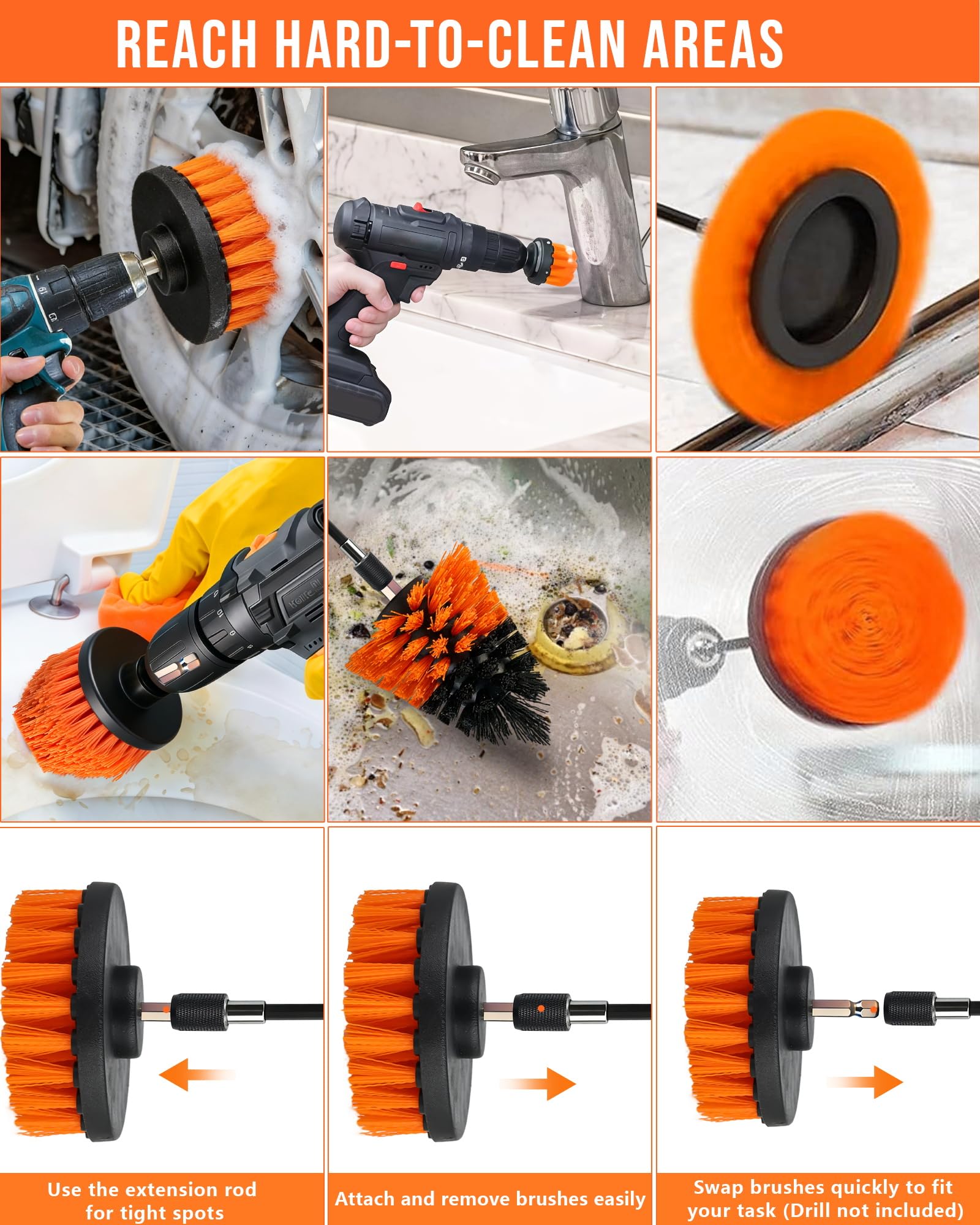 Set 7 Spazzole per Trapano – Spazzola per Trapano per Pulire per Pulizia Sedili Auto, Polster e Superfici – Spazzole per Trapano per Pulizia Auto, Bagno, Cucina (Nero)