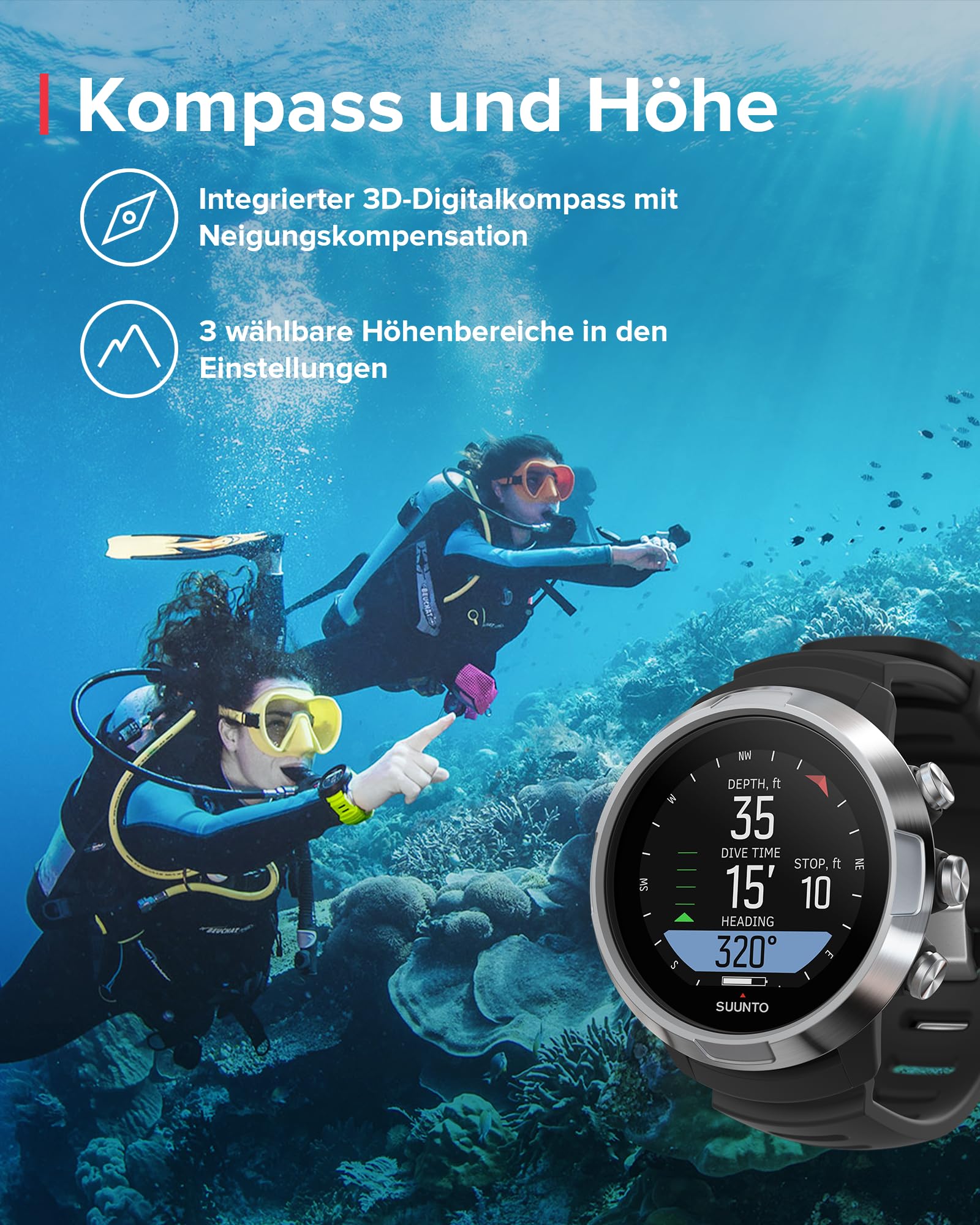 SUUNTO D5 Tauchcomputer mit Farbdisplay, 100m Wasserdicht, Alarmfunktion, Stoppuhr, Wetterinformationen, Kompass und einer Akkulaufzeit von bis zu 12 Stunden im Tauchmodus