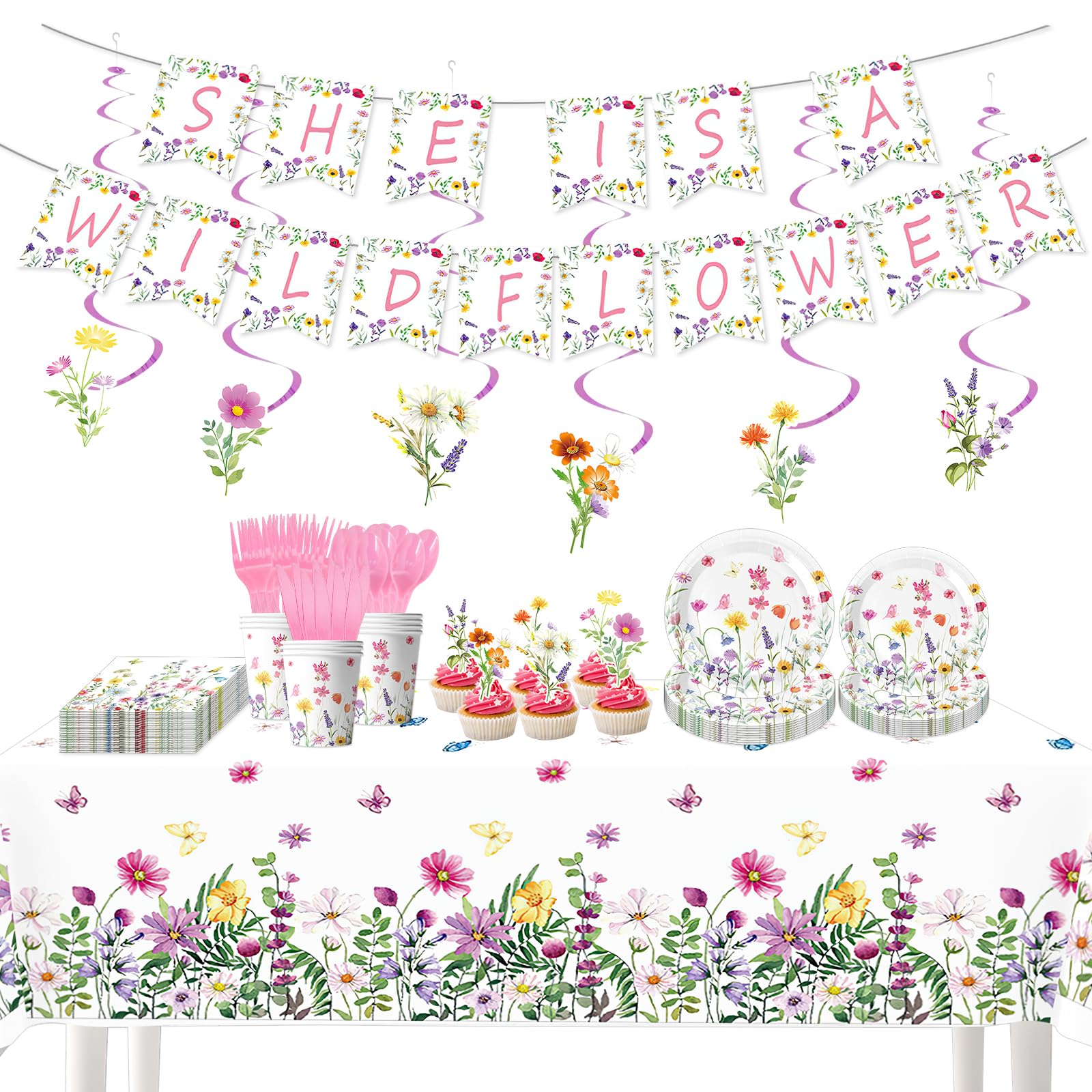 126 Pcs Wildflower Birthday Party Supplies, Include Plates, Napkins, Knife and Fork, Tablecloth, Paper Cups, Caketoppers, Banners, Spirals for Spring