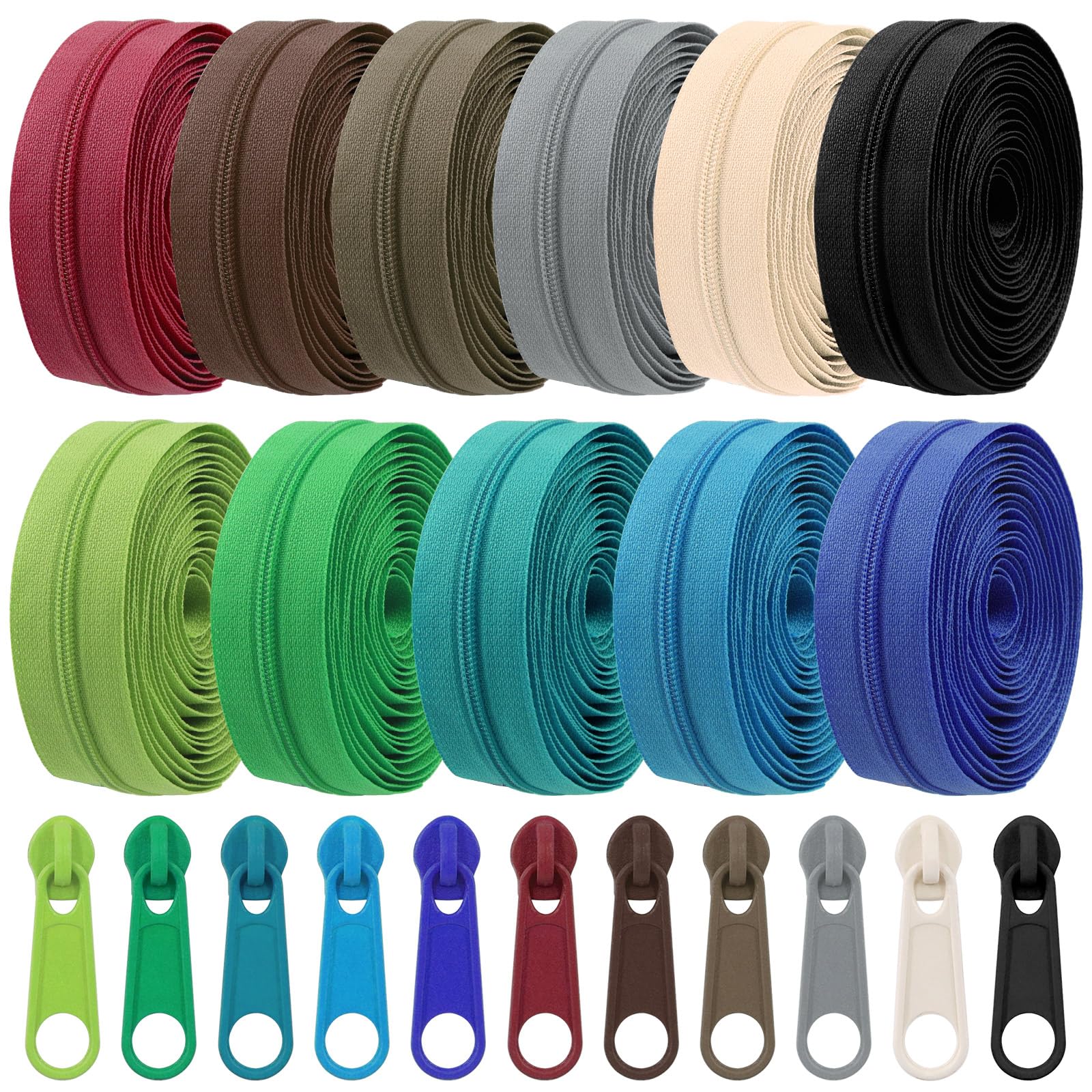 Mardatt 121Pcs 11 Colors Nylon Coil Sewing Zippers Assorted Kit with Zipper Sliders and Zippers Stops, 33 Yards Nylon Coil Zippers, #3 Nylon Coil Zipper Sliders Heads for DIY Sewing Crafts Supplies