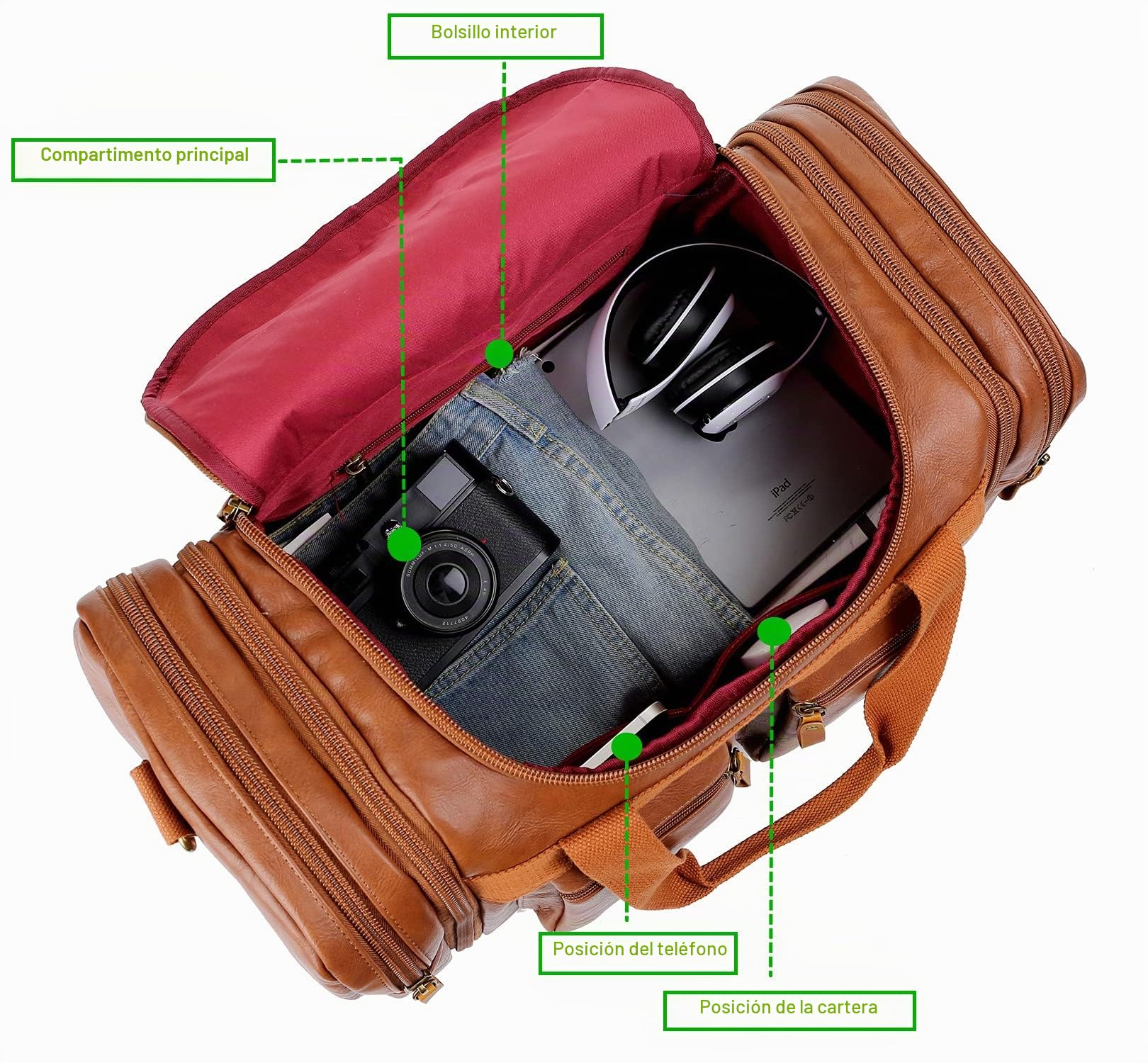 HB-21 - Bolsa de Viaje de Cuero para Fin de Semana, Bolsa de Viaje para la Noche, Bolsa Deportiva para Hombres y Mujeres