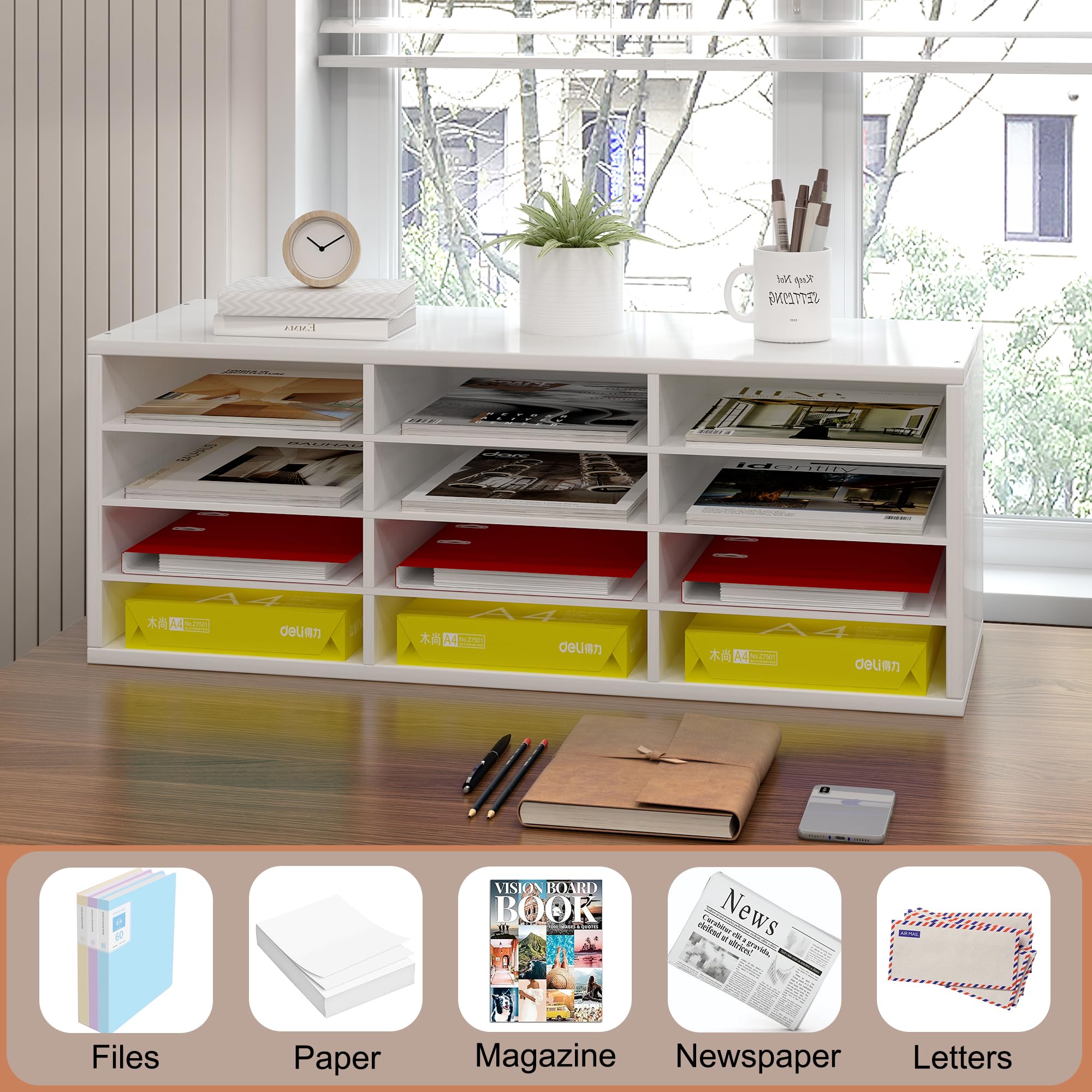 12 Fächer Schreibtisch Ablagefächer Holz, Aktenablage A4 stapelbar,Schreibtisch Ordner Organizer, Büro Briefablage, Halten Sie Ihren Desktop Sauber, Weiß
