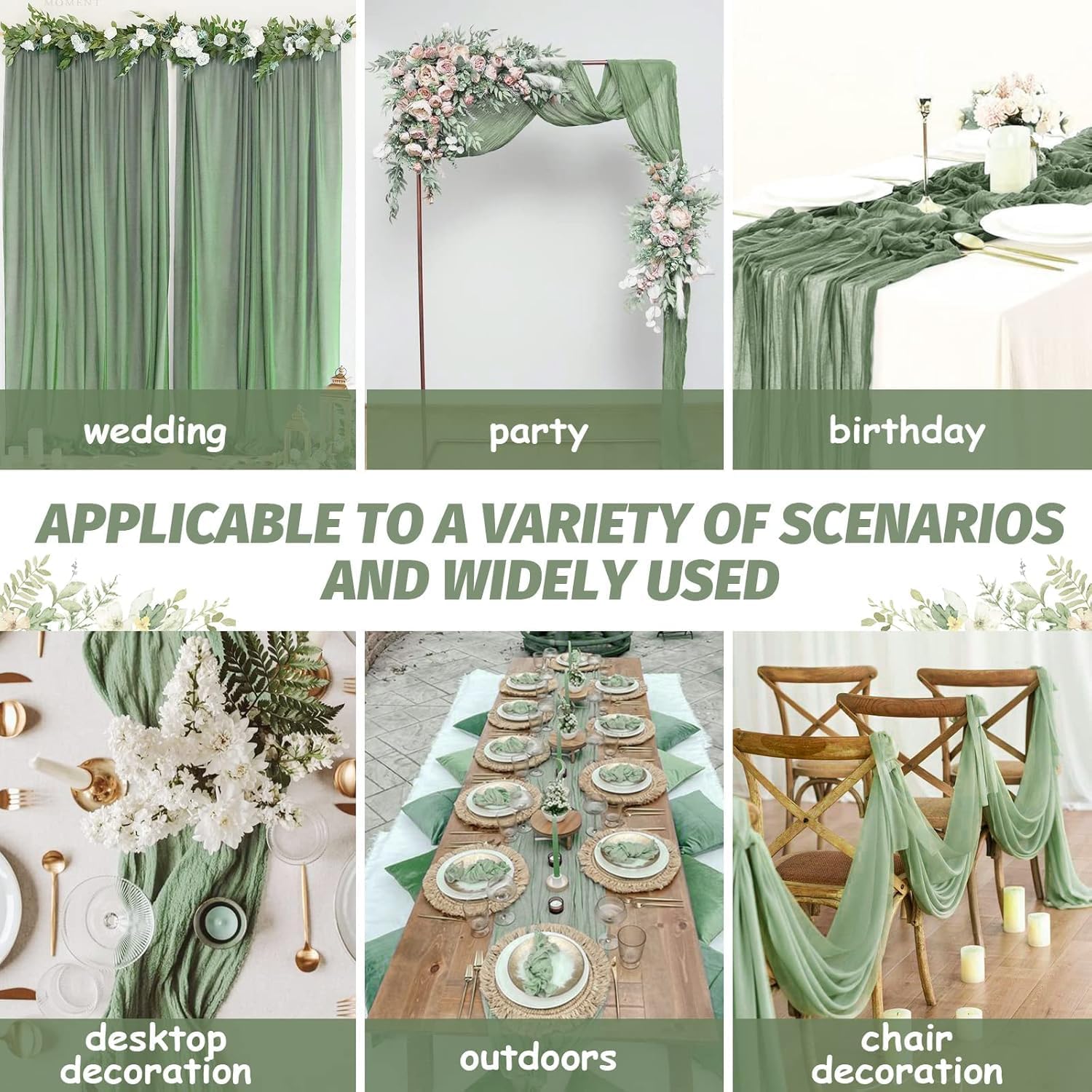 Tischläufer Grün, 10 Stück Salbeigrün Käsetuch, Seihtuch Tischdeko Geburtstag für Boho, Hochzeit, Party Geburtstag Dekoration 90 x 300 cm