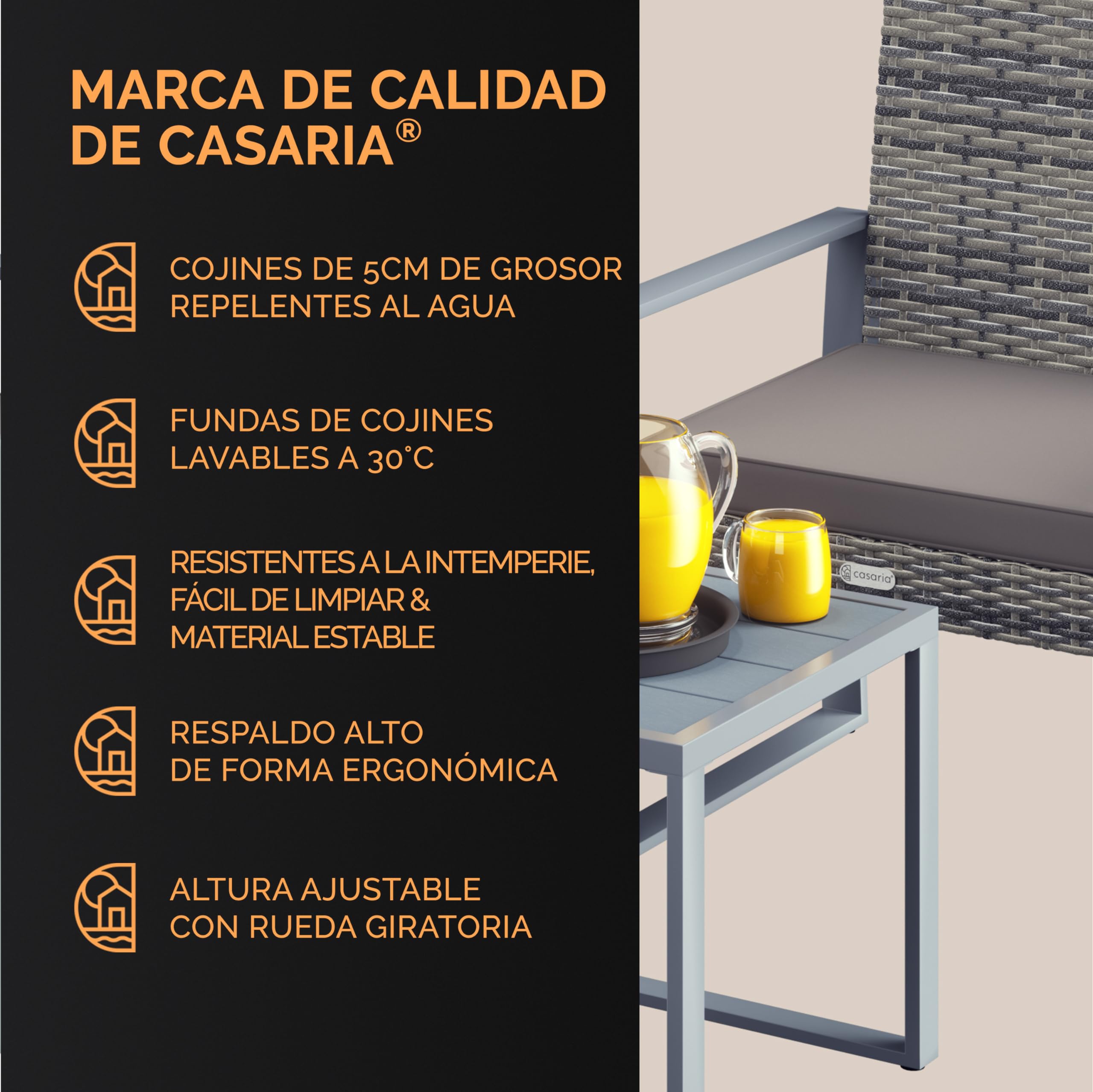 CASARIA® Conjunto Jardín Exterior para 2 Personas Set Mesa Sillas Poliratán Tablero WPC Mobiliario 3 Piezas Bistró Muebles Resistente a la Intemperie Balcón Patio Terraza Incl. Cojines Lavables Gris