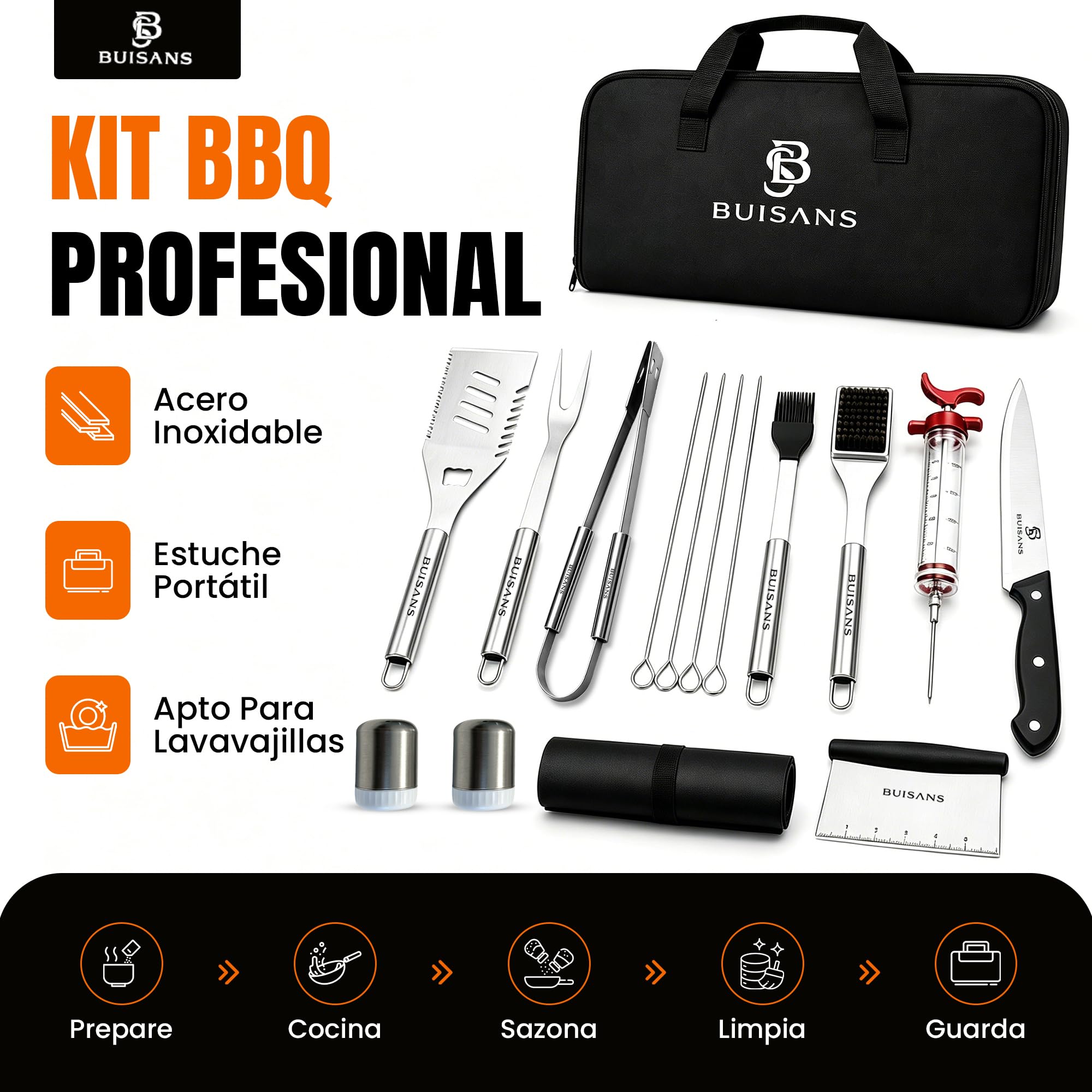 Buisans - Kit da barbecue, 15 pezzi, con custodia, utensili da barbecue in