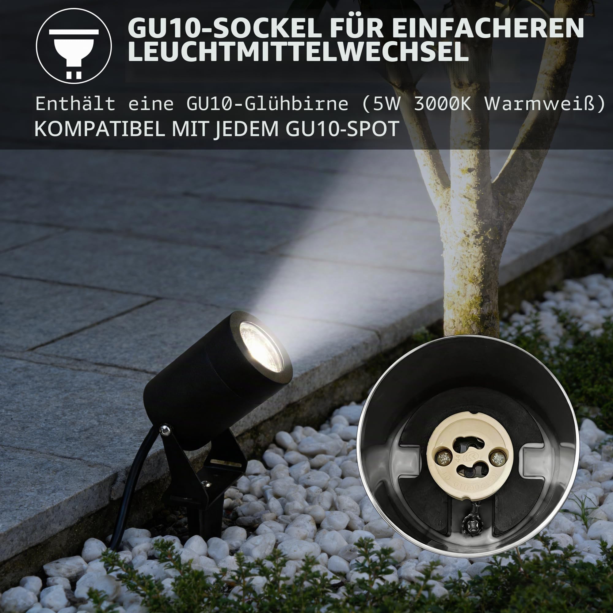 JNR Edelstahl LED Gartenbeleuchtung mit Strom und Erdspieß, Schwarz 2 Pack | IP65 Wasserdicht Gartenlampen für Draußen Strom mit 2M Kabel Kein Stecker, Gartenleuchten 5W GU10 3000K Warmweiß Glühbirne