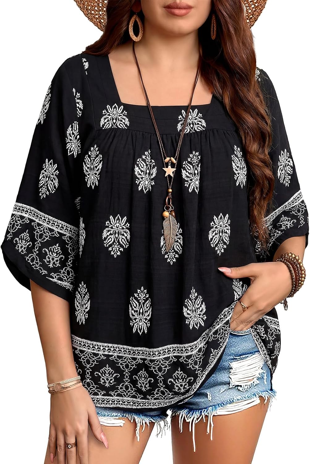 Siddhe Plus Size Boho Tops 3/4 Sleeve Square Neck Chiffon Babydoll Blouses Spring Dressy Casual 2026 Tunic Shirts (XL-5XL)