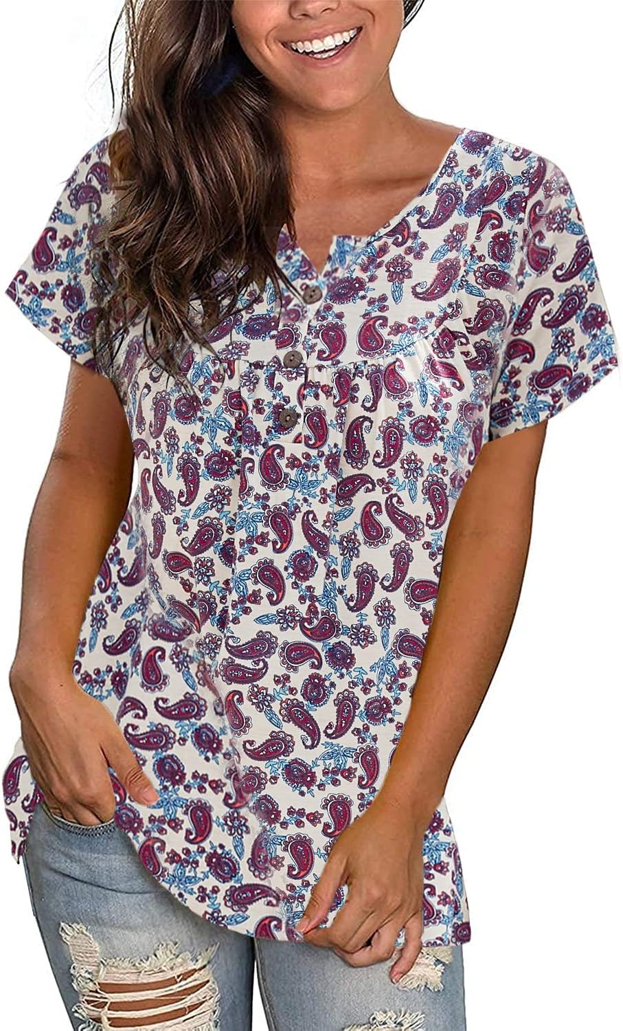 Xpenyo Women Henley Shirts V Neck Blouse Button Up Tunic Casual Tops