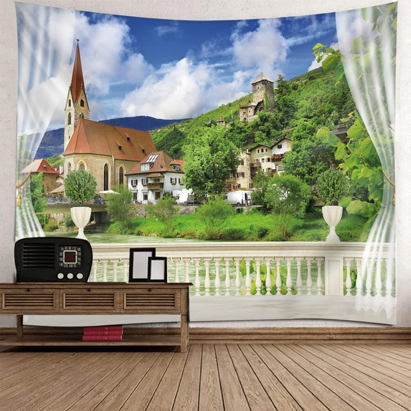 Tapiz verde para decoración de pared de pasillo, tela para balcón y pueblo, microfibra, 260 x 240 cm (ancho x alto)