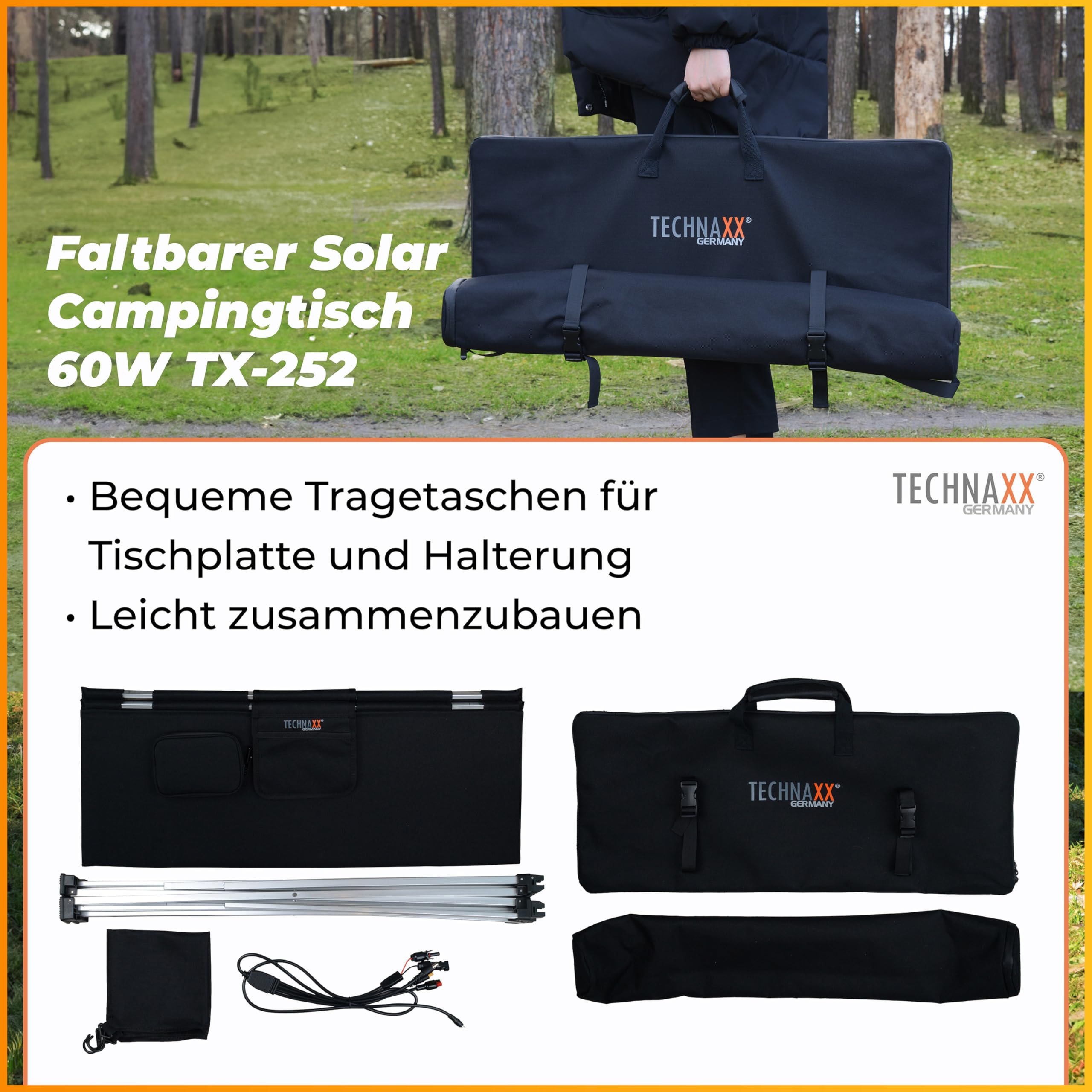 Technaxx 60W klappbarer Solar-Campingtisch TX-252, Tragbares Monocrystalline Solarpanel-Ladegerät mit 3xUSB-Ladeanschlüssen, DC-Ausgang und Robustes Design – Ideal für Camping und Outdoor