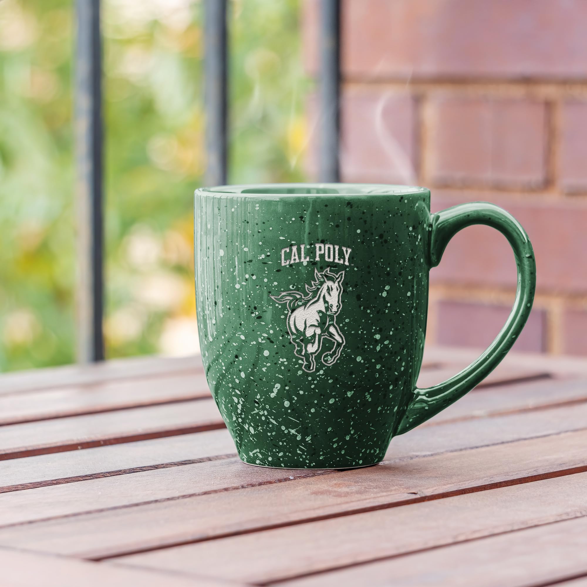Rico Industries NCAA Cal Poly Mustangs - Taza de café de cerámica moteada grabada con láser, color verde, 16 onzas