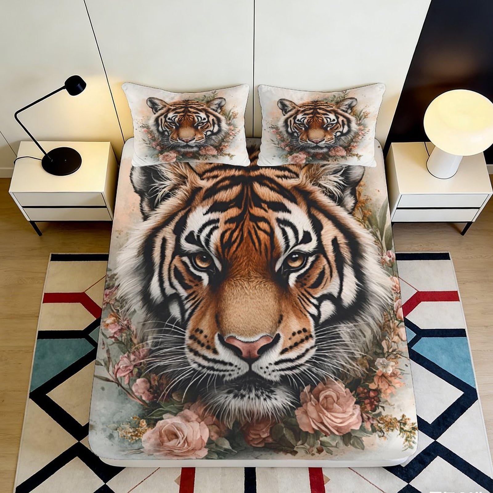 Pnayamiorkfel Style-8 3D Printed Tiger Face Fitted Sheet Microfiber Floral Animal Bed Cover Soft Washable For Bedroom Guest Room Decor 90X200x25cm