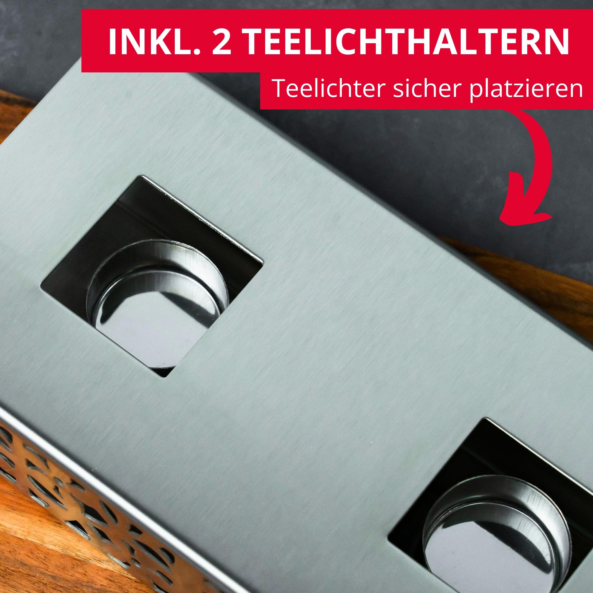 Westmark Speisenwärmer – Hochwertige Wärme-Platte zum Warmhalten von Speisen am Tisch mit zwei Teelichtern, 240 x 120 x 52 mm – rostfreier Edelstahl, Silber