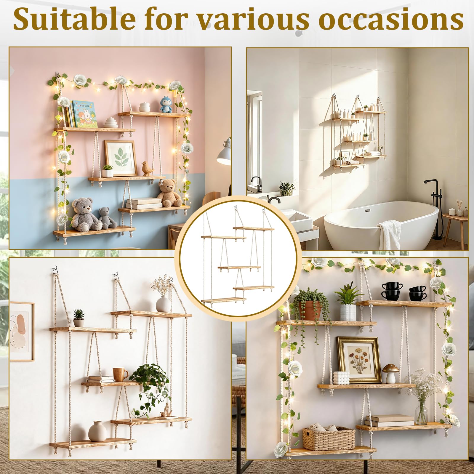 Estantería De Pared De Madera, Estante Flotante De 5 Niveles Colgante | Estilo Bohemio Para Plantas Y Libros Decoración De Macramé Con Guirnalda De Luces De 1,6M Para Sala De Estar Dormitorio