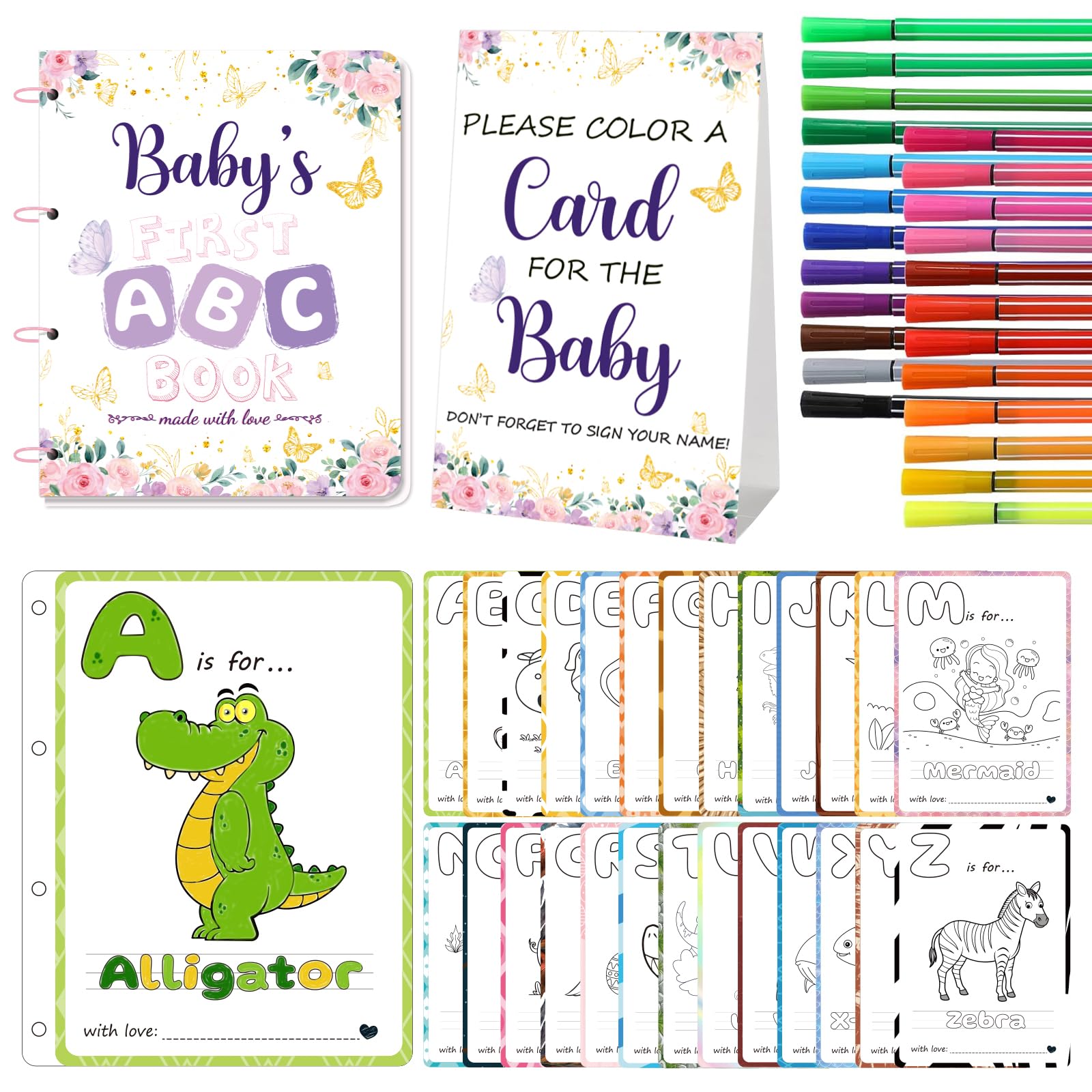Baby’s First ABC Book Baby Shower Activity & Keepsake Game, A to Z Animal Coloring Cards with 24 Watercolor Pens, Fun & Interactive Baby Shower Game
