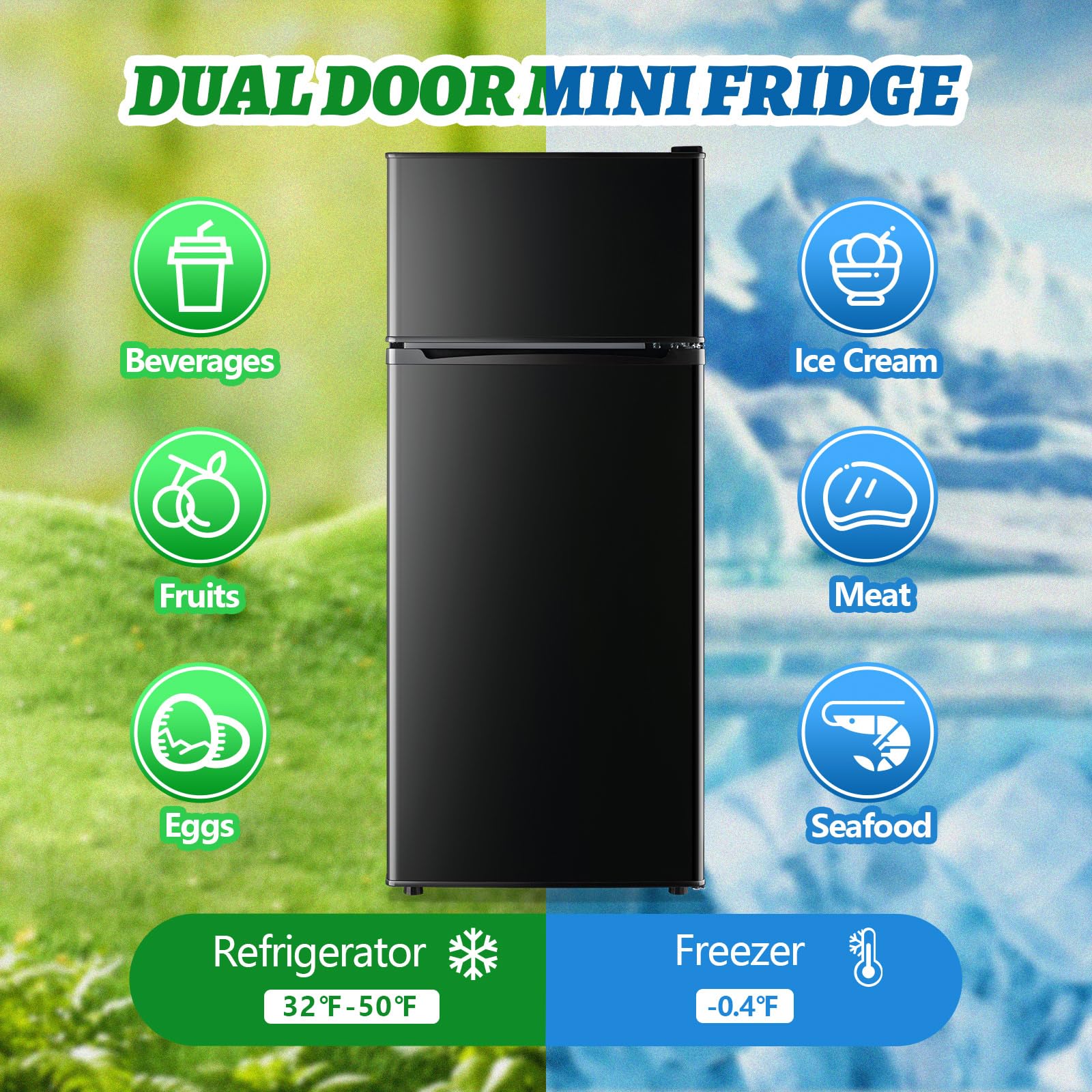 Demulelr 4.5cu.Ft Small Mini Refrigerator With Freezer Black Two Door Mini Fridge With Crisper Drawer & Extra Drink Space, LED Light, Apartment Size Fridge For Dorm Office 17.5" W X 18.5" D X 43" H on Fridge.com - View 2