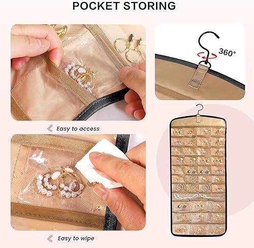 Miniatura 3 de SGTD Organizador de joyas colgante de doble cara con bolsillos y ganchos para anillos, aretes, collares, rollo de almacenamiento de accesorios para