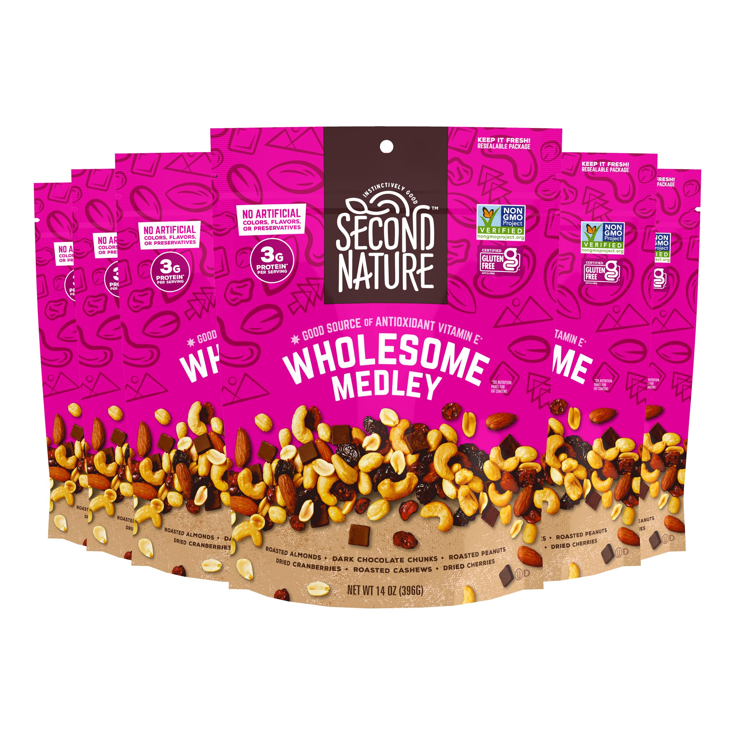 Second Nature Wholesome Medley Trail Mix - 14 oz Resealable Snack Pouches (Pack of 6), Certified Gluten-Free Snack - Dark Chocolate, Dried Fruit and Nut Trail Mix, Ideal for Travel Snacks