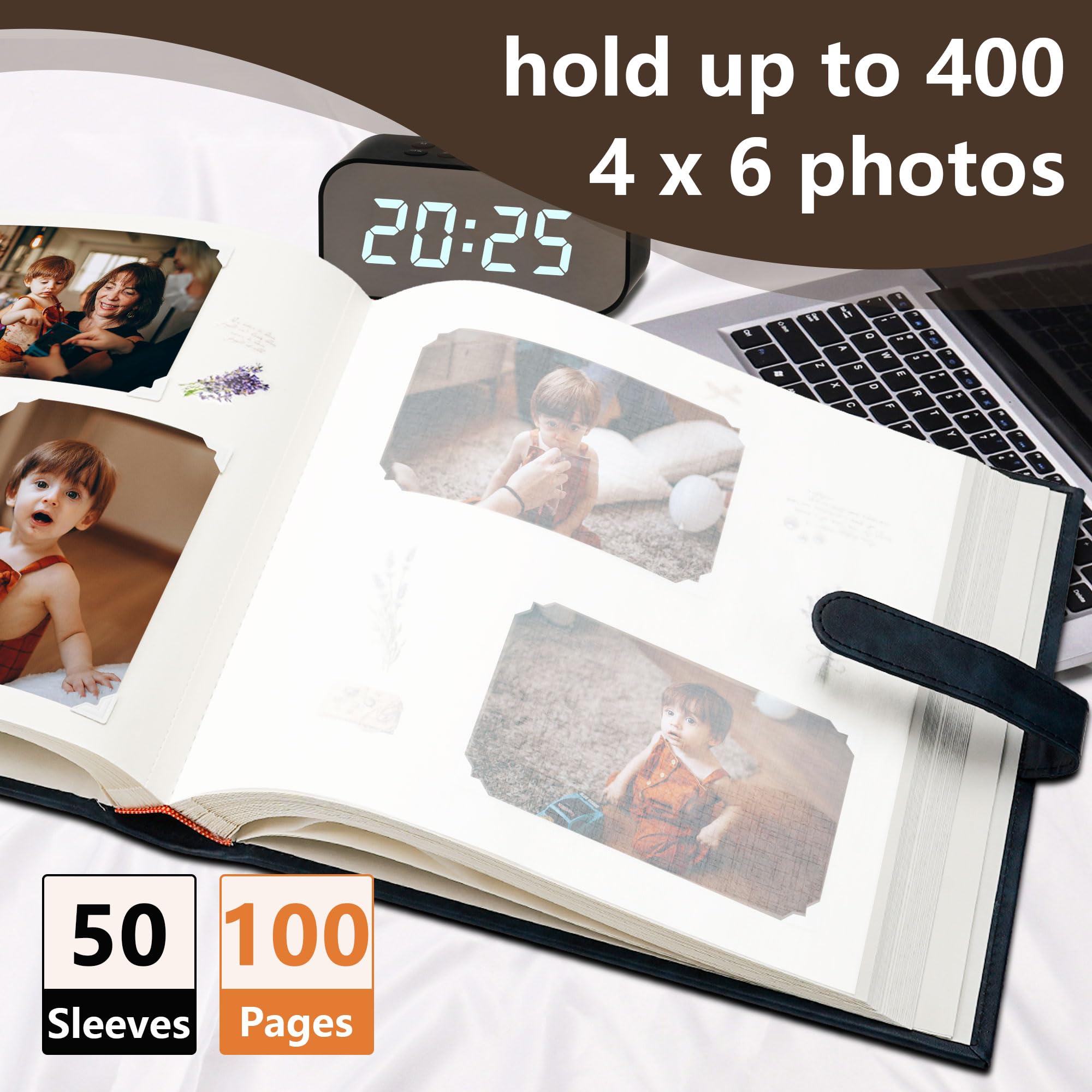Vienrose Álbum de fotos con espacio de escritura de 12 x 12 pulgadas, álbumes de recortes de alta calidad con 100 páginas, libro de fotos grande, cubierta de piel sintética para bodas, familiares
