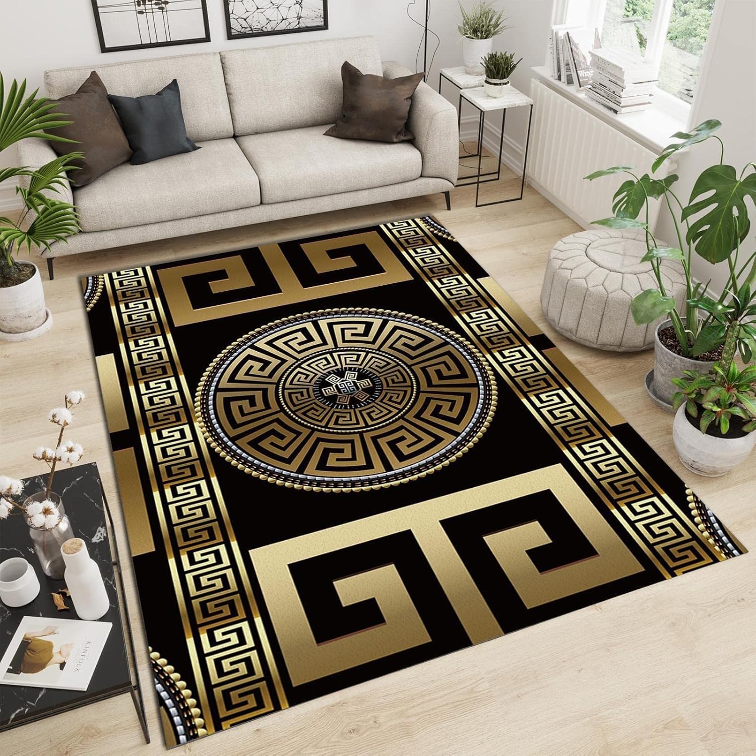 Retro Black Gold Greek Key Area Rugs, 3D Geometric Print Carpet, Indoor Non-Slip Kids Rugs, Machine Washable Breathable Durable Carpet for Front Entrance Floor Decor,4 x 6ft