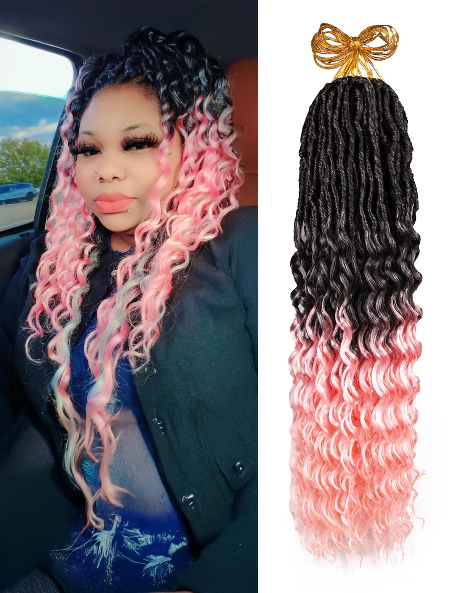 Deep Wave Faux Locs Crochet Hair for Black Women,24 Inches 8 Packs 112 Strands,Pre Looped Ombre Pink Synthetic Hair Extensions,Soft Goddess Locs