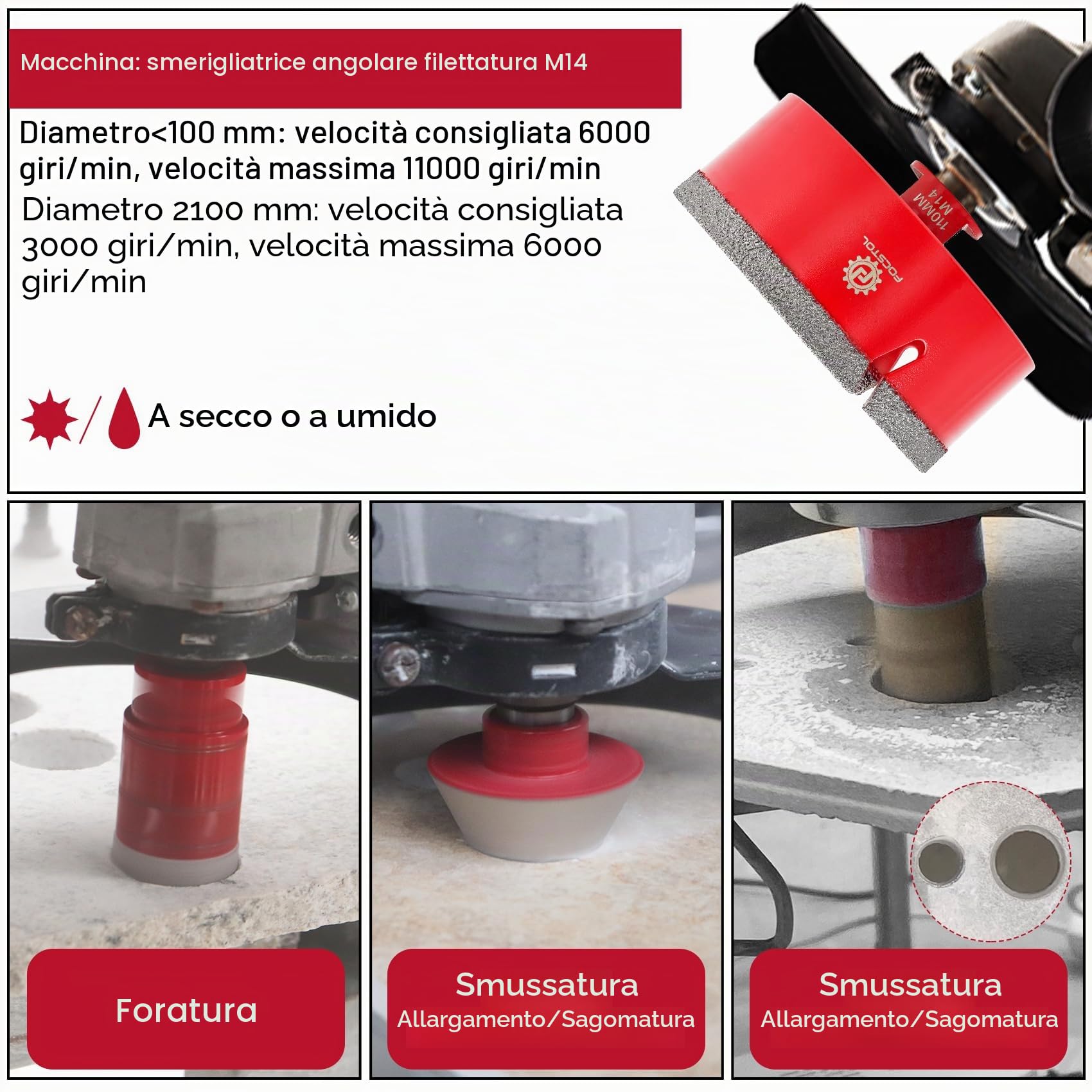FOCSTOL Punte per Trapano Diamantate - Sega a Tazza Diamantata per Porcellanato Ceramica Piastrelle Marmo 13 pezzi (6/8/10/20/35/50/68/110/125mm+20mm Fresa+50mm Punte Smusso+Adattatore+125mm Disco)
