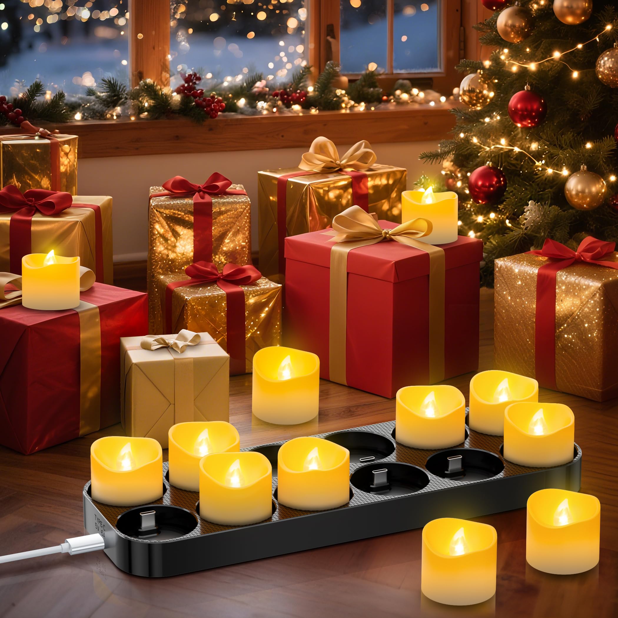 Wiederaufladbare LED Teelichter 12 Stück mit Fernbedienung und Timerfunktion, Elektrische Kerzen mit USB-C Ladestation für Hochzeiten Partys Dekoration, Flammenlose Teelichter Set für Zuhause