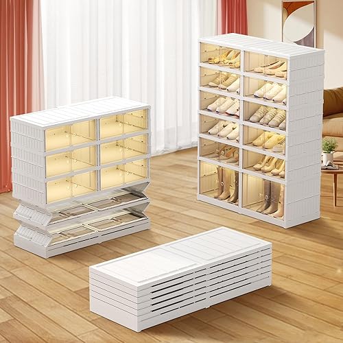 FJJAQQ Organizador plegable para zapatos, 24 pares de cajas de almacenamiento de zapatos, caja de zapatos apilable de plástico con puerta