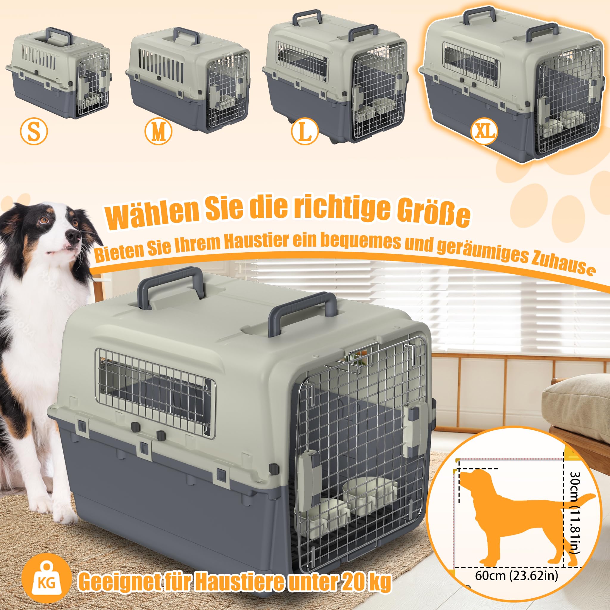 XMTECH Hundetransportbox Transportbox Flugzeugbox für Tiere, Reisebox für Hunde, mit Sicherheitsverriegelung & Lüftungsgitter, L 80 x B 57 x H 57 cm