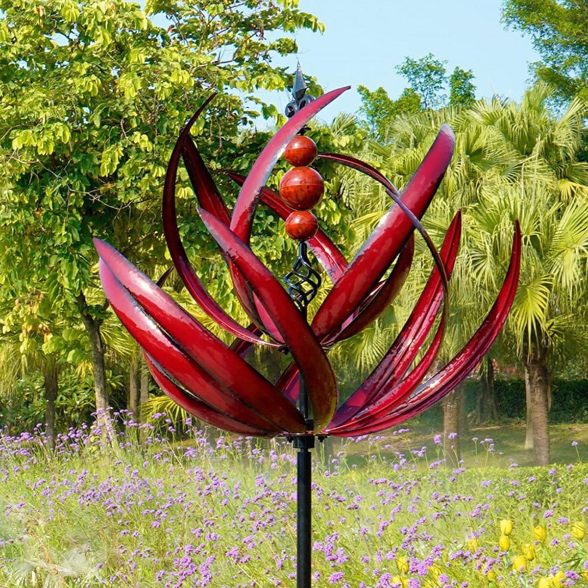 Moulin à Vent en métal Rotatif à 360 degrés pour Jardin, décoration de Jardin en Tige épaisse, Sculpture rotative en Forme de Lotus pour pelouse/terrasse/Jardin – Rouge