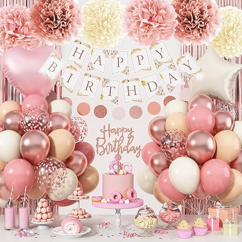Miniatura 2 de Decoraciones de cumpleaños rosas para mujer, globos de látex bohemios, rosa polvoriento, oro rosa, rubor, beige, pancarta de feliz cumpleaños,