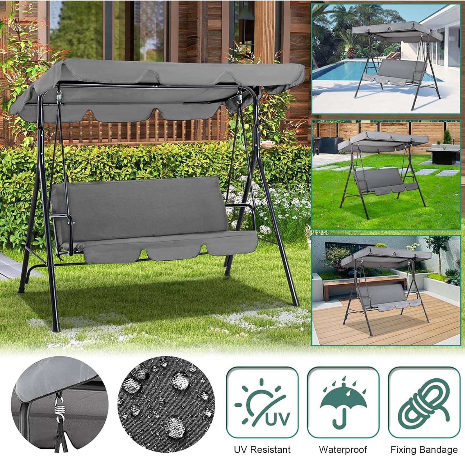Baldacchino di ricambio per dondolo da giardino, 2 e 3 posti, impermeabile e protezione UV, copertura resistente per altalena per patio, portico, cortile