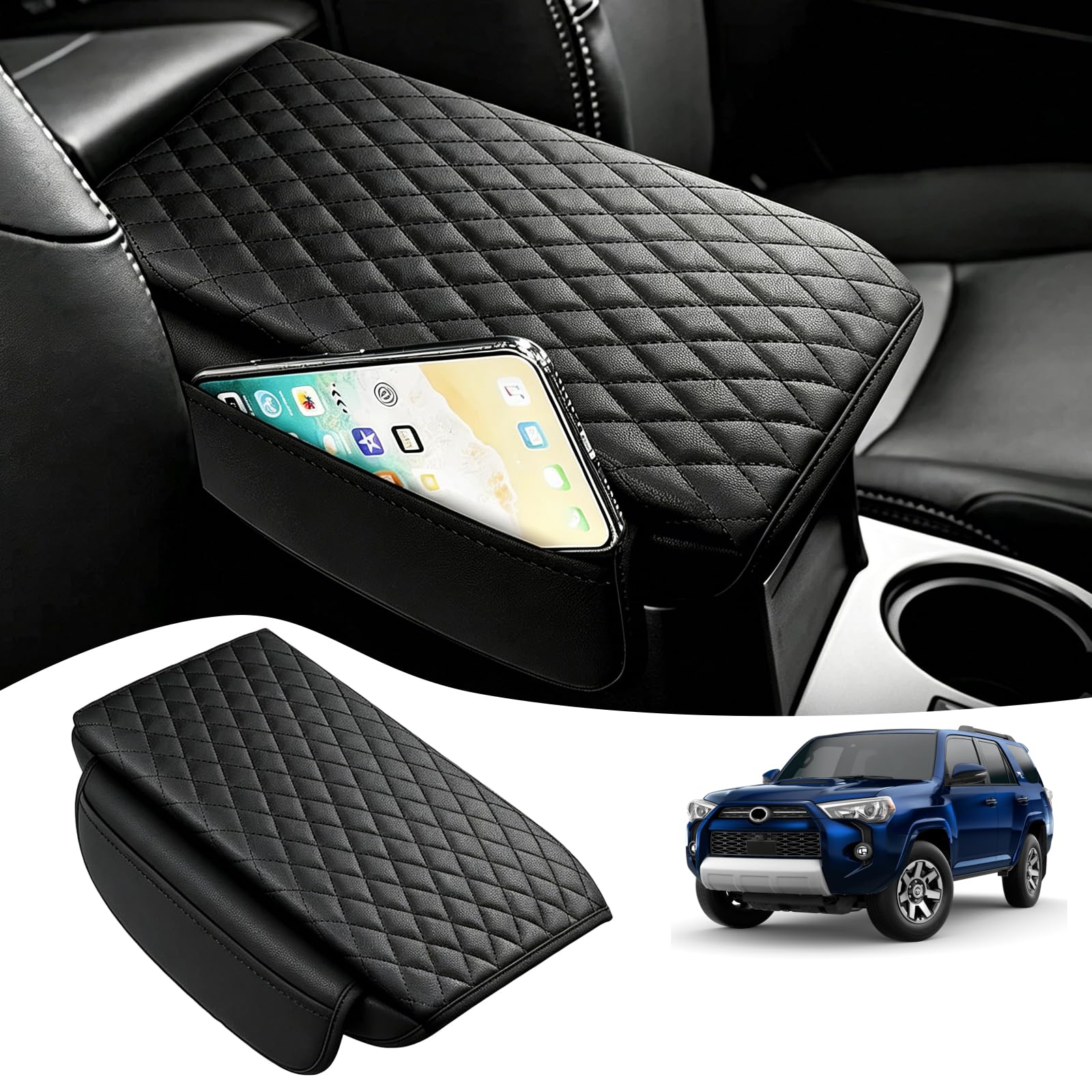 Center Console Cover for Toyota 4Runner 2010-2022 2023 2024 Accessories with Side Pockets, Armrest Cover Thickened PU Leather Car Armrest Box Cushion Pad Protector