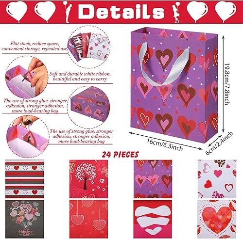 Miniatura 2 de Zonon 24 bolsas de papel de San Valentín, bolsas de regalo, bolsas de papel kraft con corazones para fiesta con cinta blanca para aniversario del