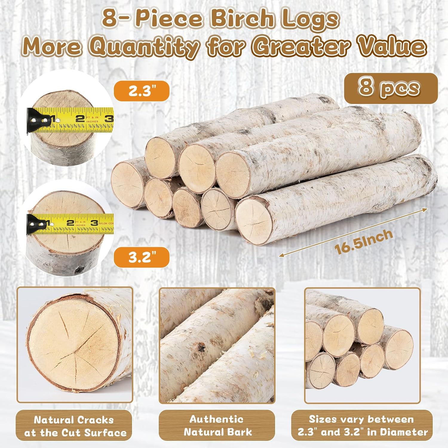 8 Pack Birch Logs (2.3"-3.2" Dia) Birch Wood for Halloween Fireplace Decor Christmas Fireplace Logs Birch Wood Branches for Crafts,Home Décor