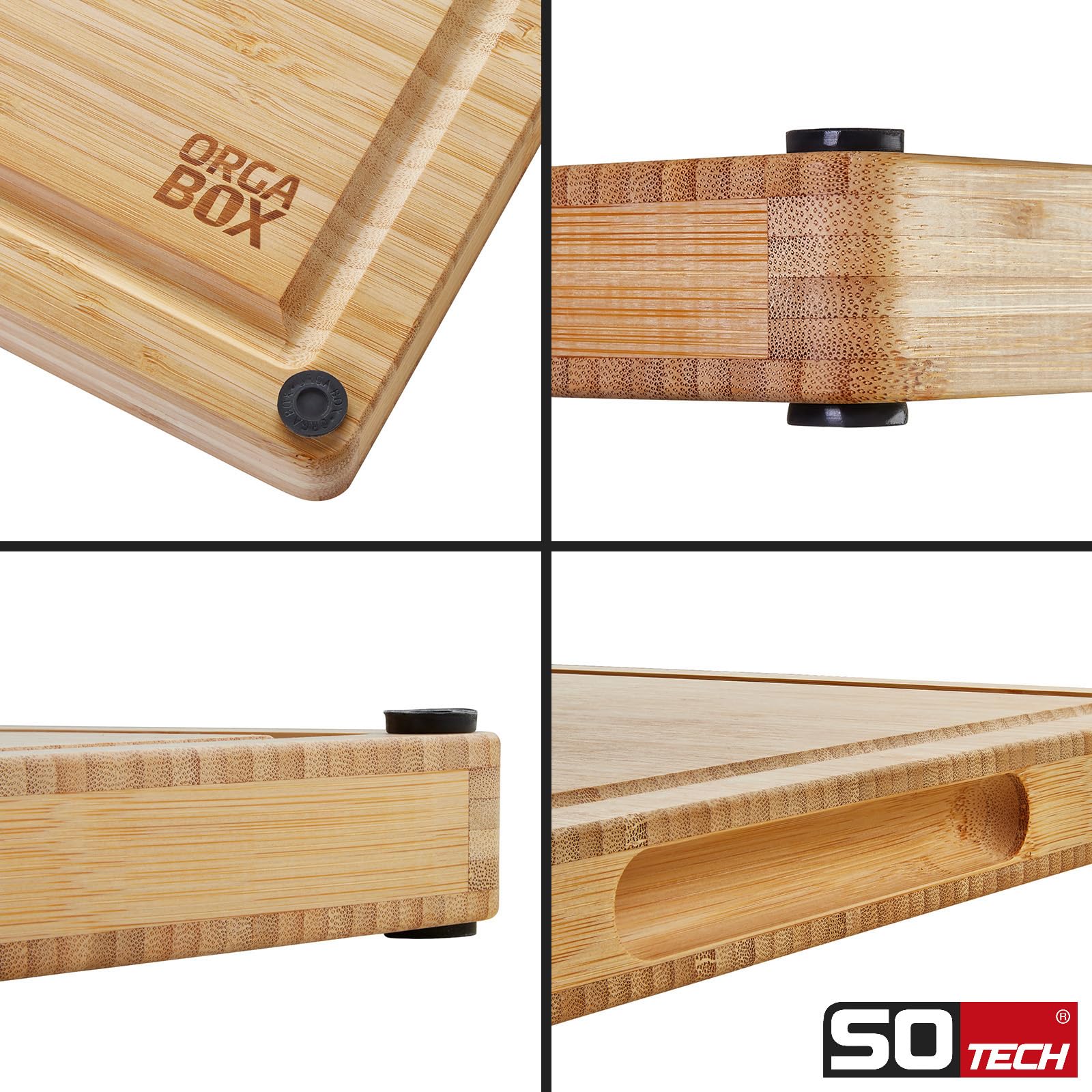 ORGA-BOX XXXL Schneidebrett massiv geölt aus 100% Bambus mit Griffmulde u. Saftrille | 61x40,5x3,2 cm | antibakteriell und rutschfest inkl. Silikonfüßen| zum Schneiden oder Anrichten von Lebensmitteln