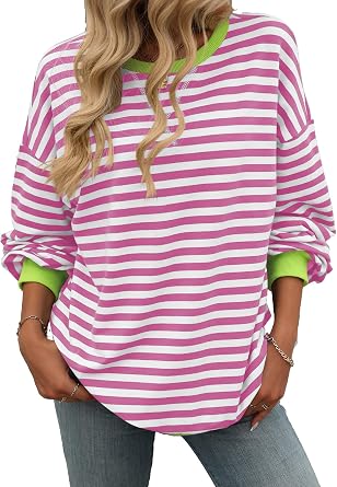 Womens Striped Oversized Sweatshirt Long Sleeve Crewneck Pullover Tops 2024 Fall Stylish Preppy Clothes