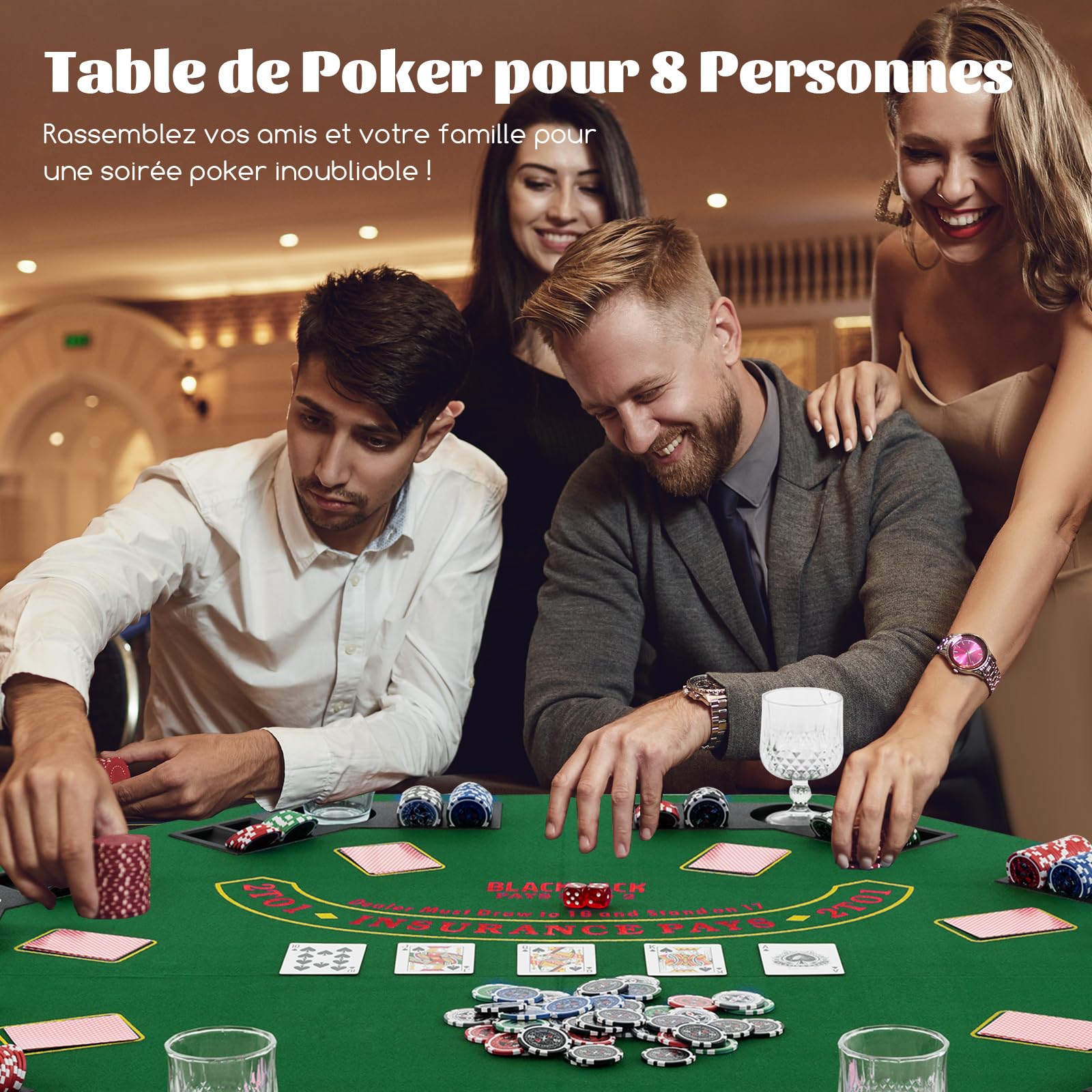 COSTWAY Plateau de Poker Pliable 120x120cm Octogonal pour 8 Joueurs, Tapis de Table de Poker avec Porte-Gobelets & Plateaux à Jetons, Sac de Transport, Support de Poker pour Casino