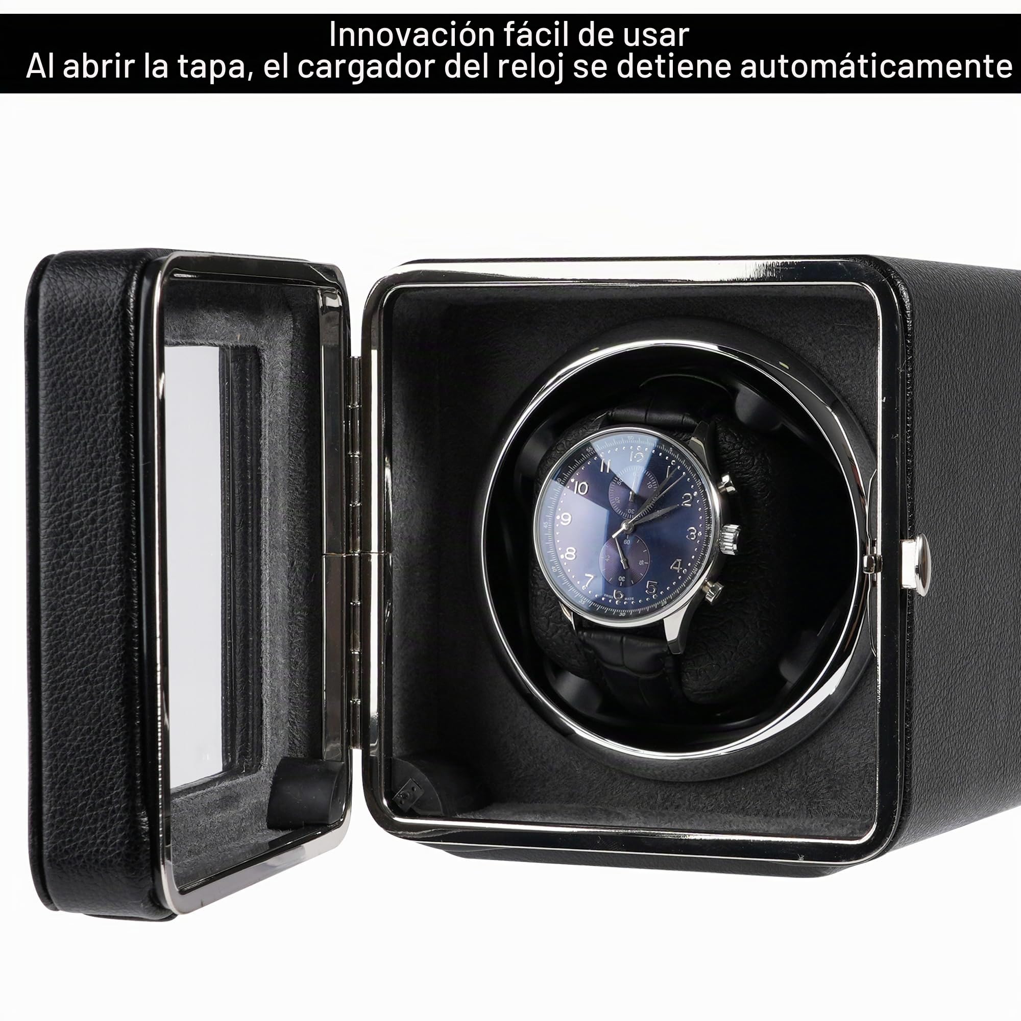 Caja giratoria para relojes automáticos, cable de carga USB, piel sintética, con motor silencioso
