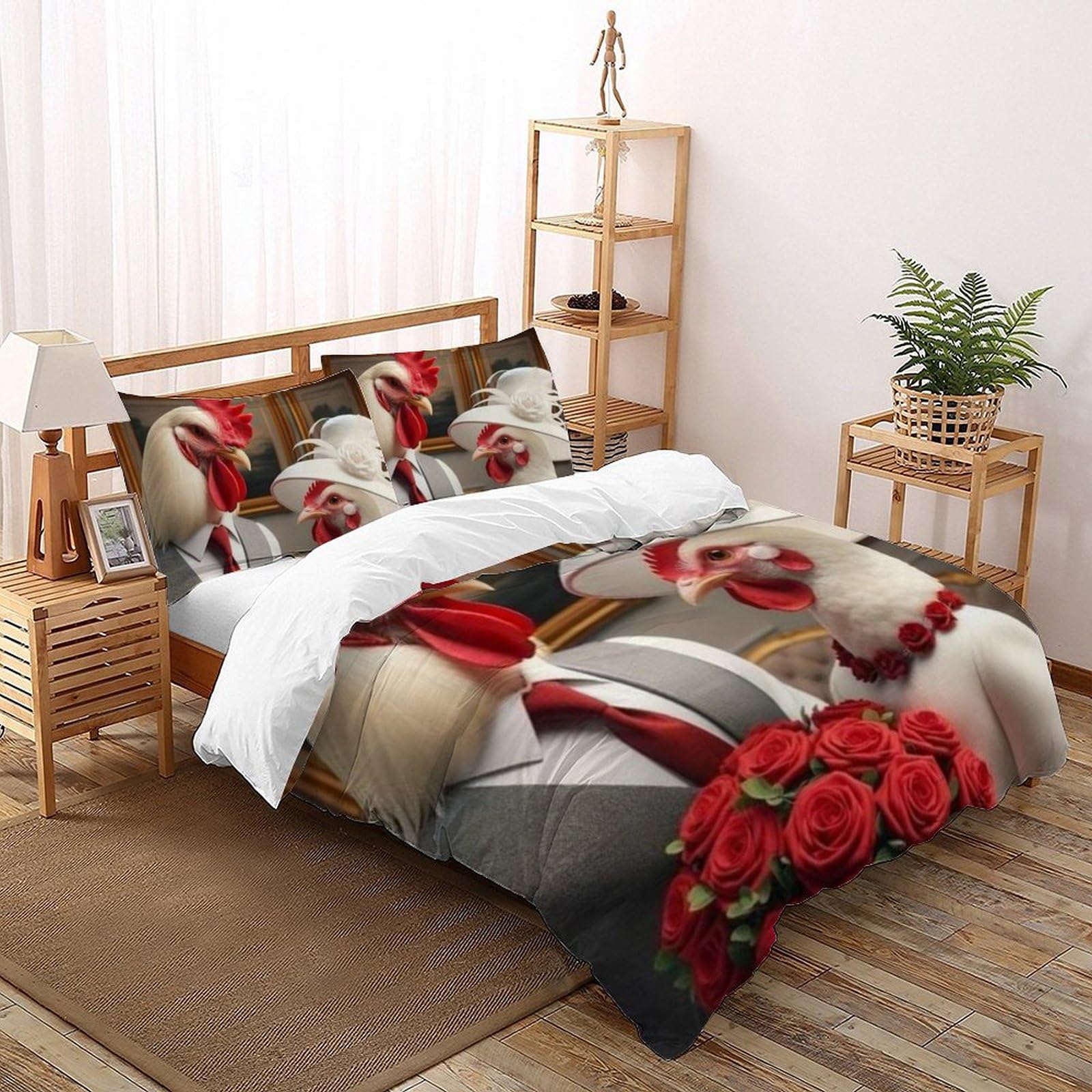 Housse de couette king 220x240cm poulet imprimé 3D avec fermeture éclair