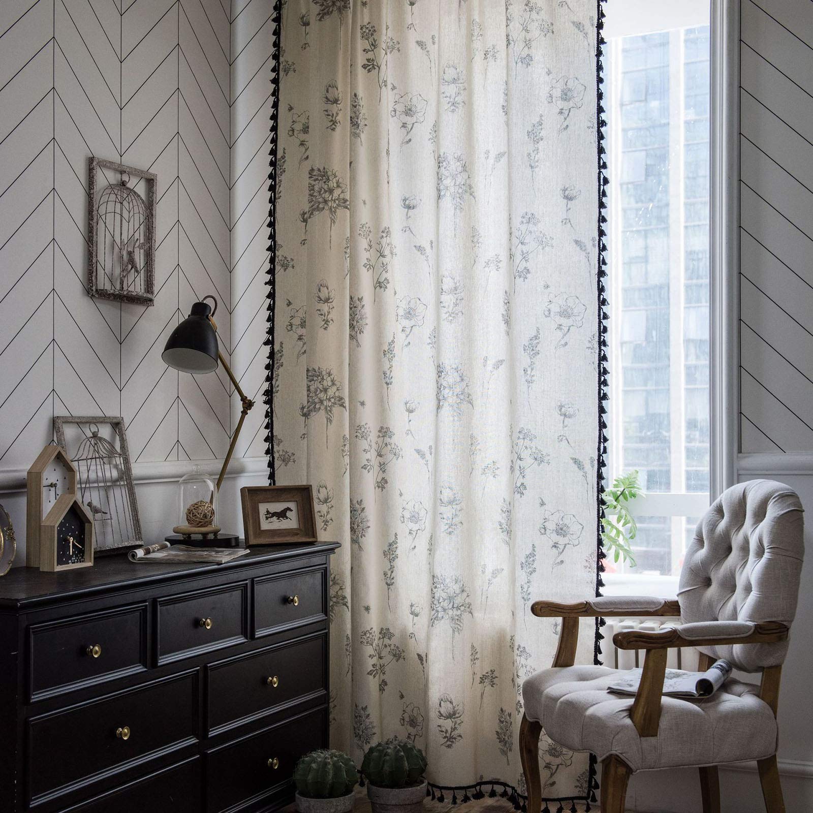 Amazon｜セミシアー カーテン ヴィンテージ フローラル プリント