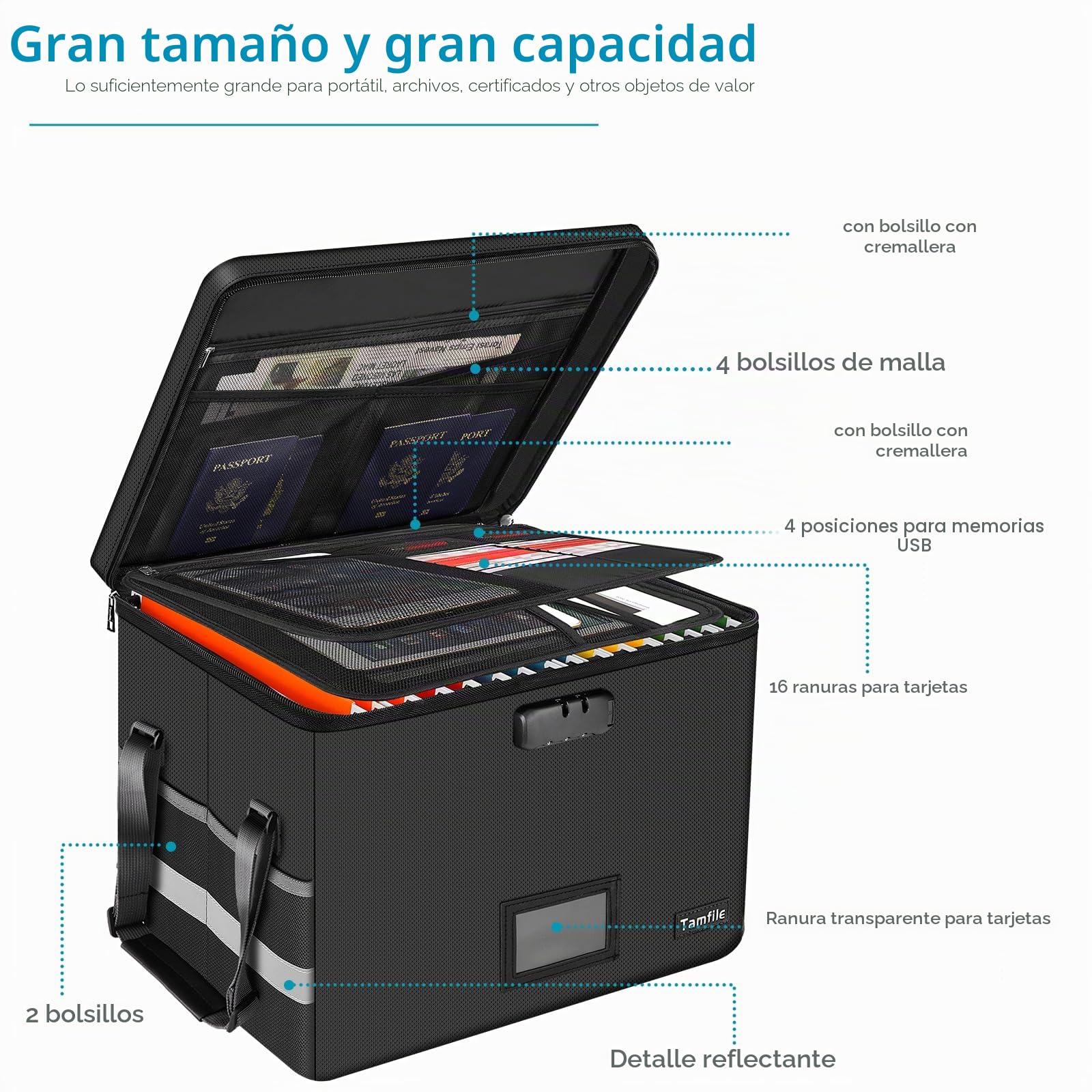 Tamfile Caja de documentos ignífuga y organizadora de archivos impermeable con cerradura, plegable con cremallera, portátil para oficina y casa con asas