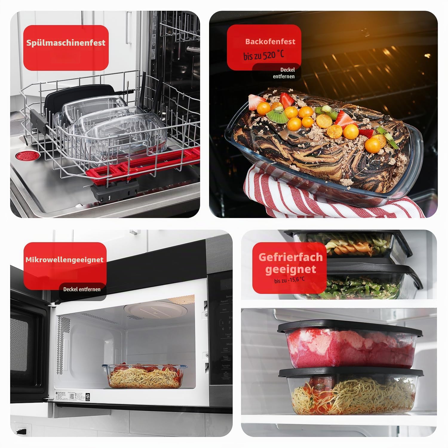 EATEX Glas-Brotpfannen für selbstgemachtes Brot, 1,9 Qt tief, rechteckig, mit Deckel, Lebensmittelbehälter, mikrowellen- und gefriergeeignet, 3 Glas-Brotbackformen, 3 luftdichte Deckel, BPA-frei