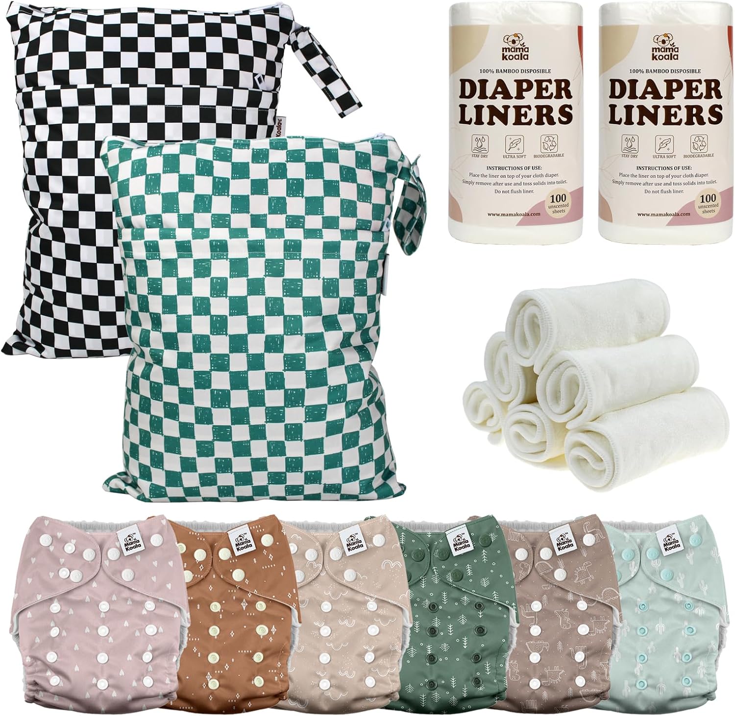 Mama Koala 3.0 Baby Cloth Diapers with 6 Inserts Bundle, with 2 Pack Wet Dry Bags, and 2 Rolls Natural Liners