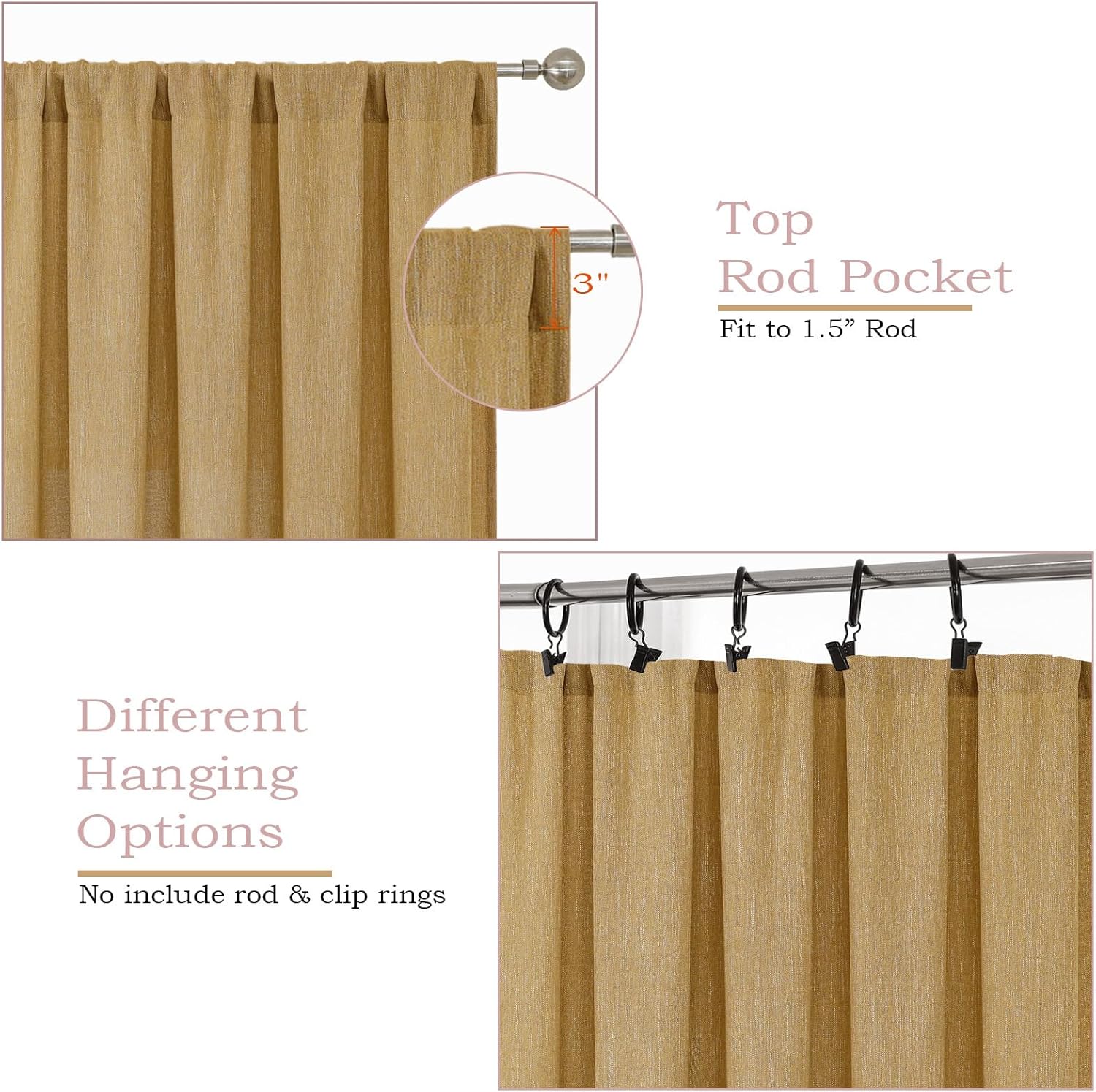 Simplebrand Gold Faux Linen Textured Semi Sheer Curtains 96 Inches Long 2 Panels Set, Light Filtering Soft Thick Farmhouse Curtains Window Treatment for Bedroom/Living Room/Dining Room, 50 x 96 Inch