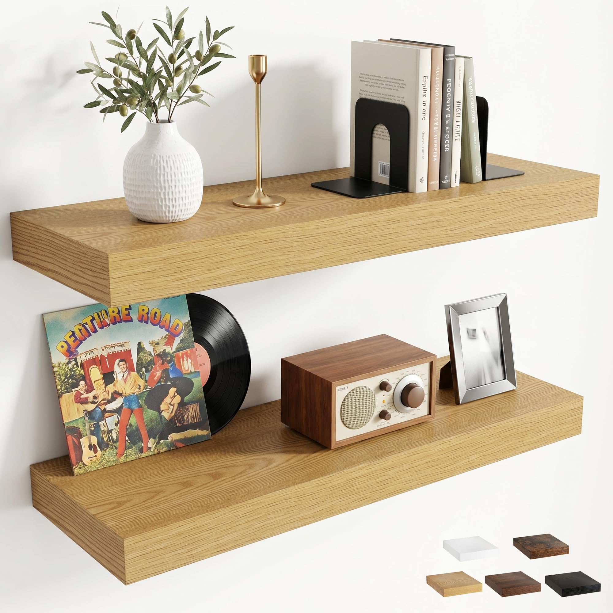 Furnbuty Floating Shelves Pack of 2, 60cm Wall Shelves Oak Shelf with Robust Iron Assembly, Deep 19.5cm Floating Shelf, Wooden Shelves for Kitchen, Bedroom, Living Room, Office Organizer, Wall Décor